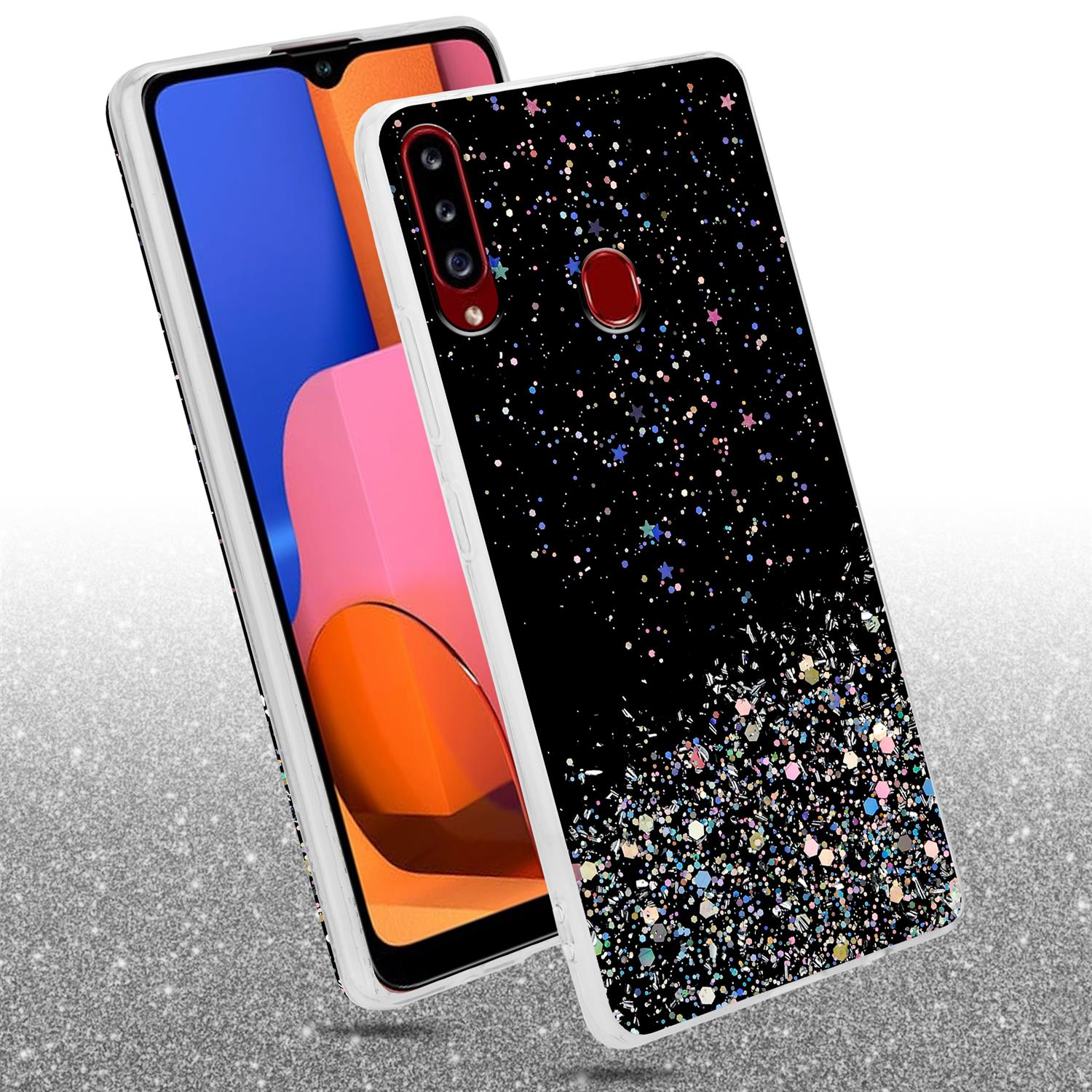 Schwarze Handyhülle mit Sternen und Glitzer. Ein Telefon ist sichtbar. Glitzernder Hintergrund.