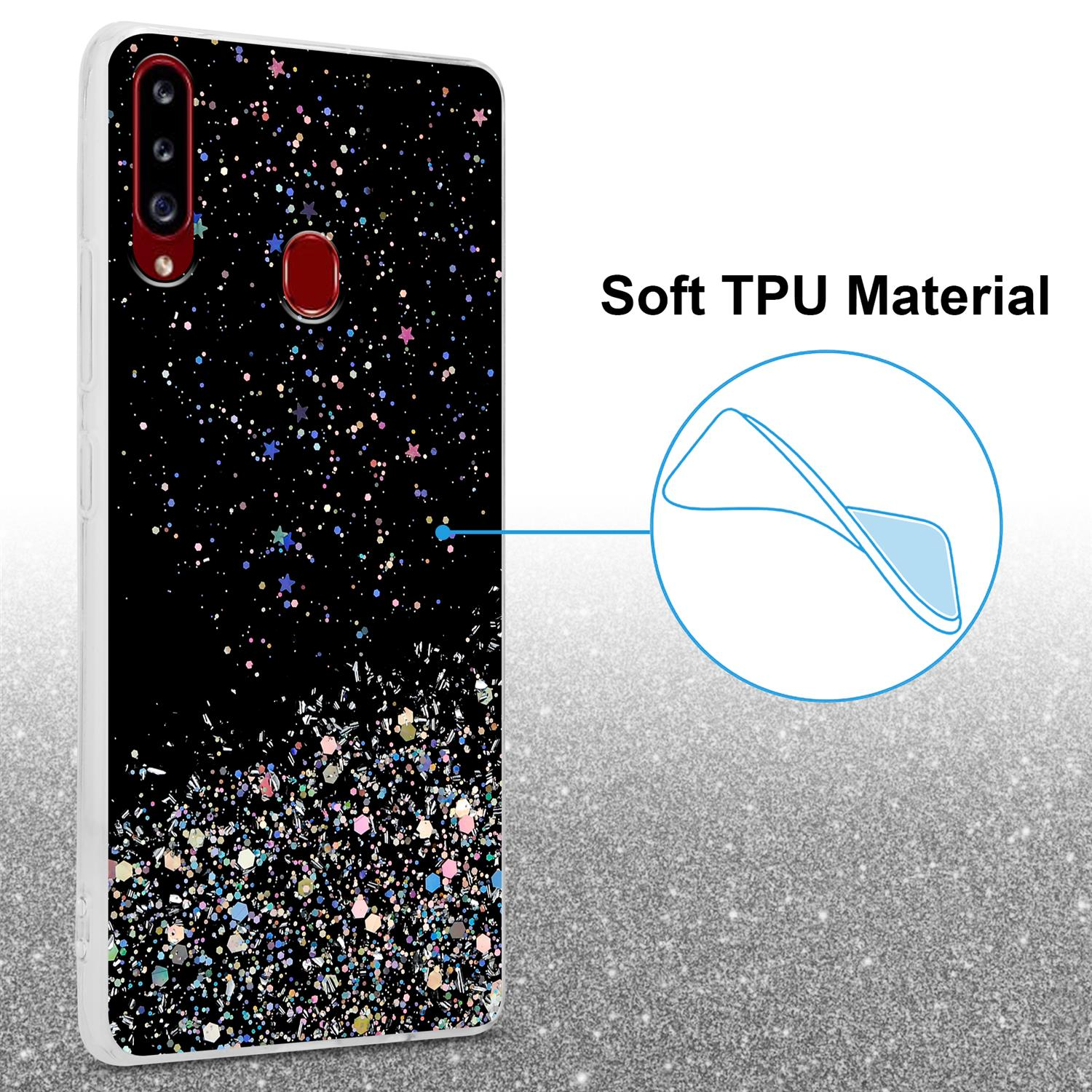 Schwarze Handyhülle mit Glitzerdesign. Text: Weiches TPU-Material. Hintergrund: funkelnde, glitzernde Oberfläche.