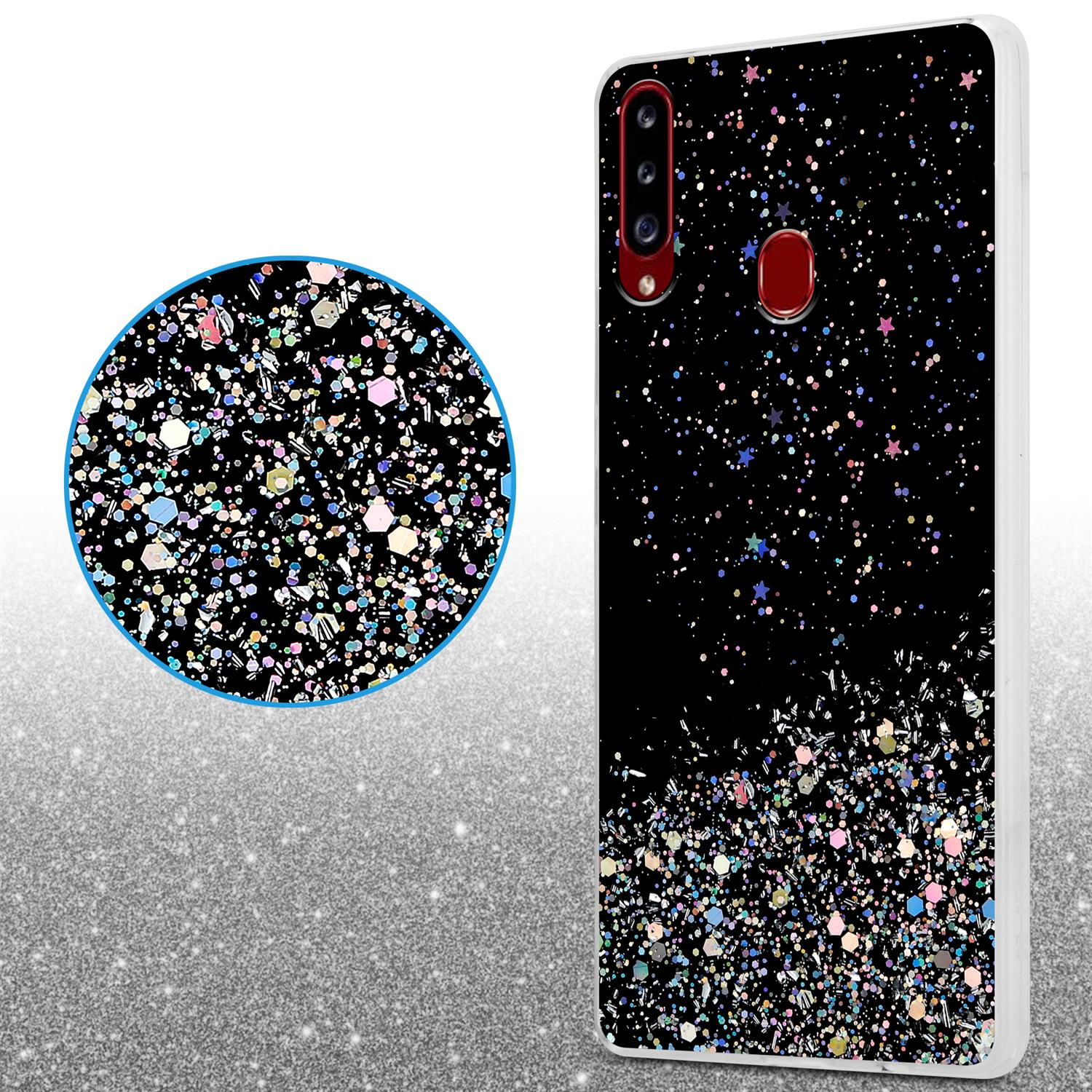 Eine schwarze Handyhülle mit Glitzerpunkten und eine kreisförmige Nahaufnahme des Glitzerdesigns.