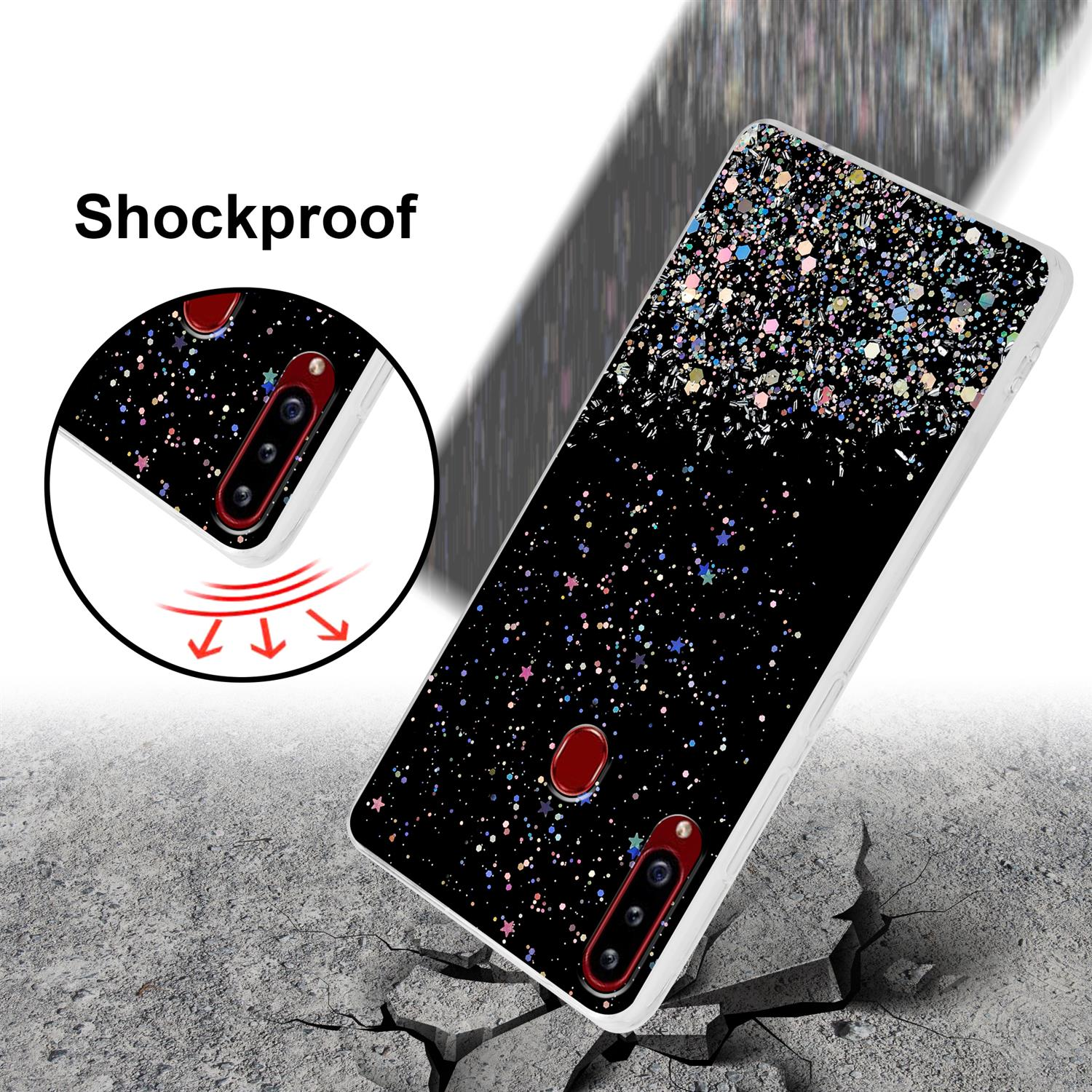 Schwarze Handyhülle mit Glitzermuster. Die Handyhülle wird auf einer zerbrochenen Oberfläche gezeigt.