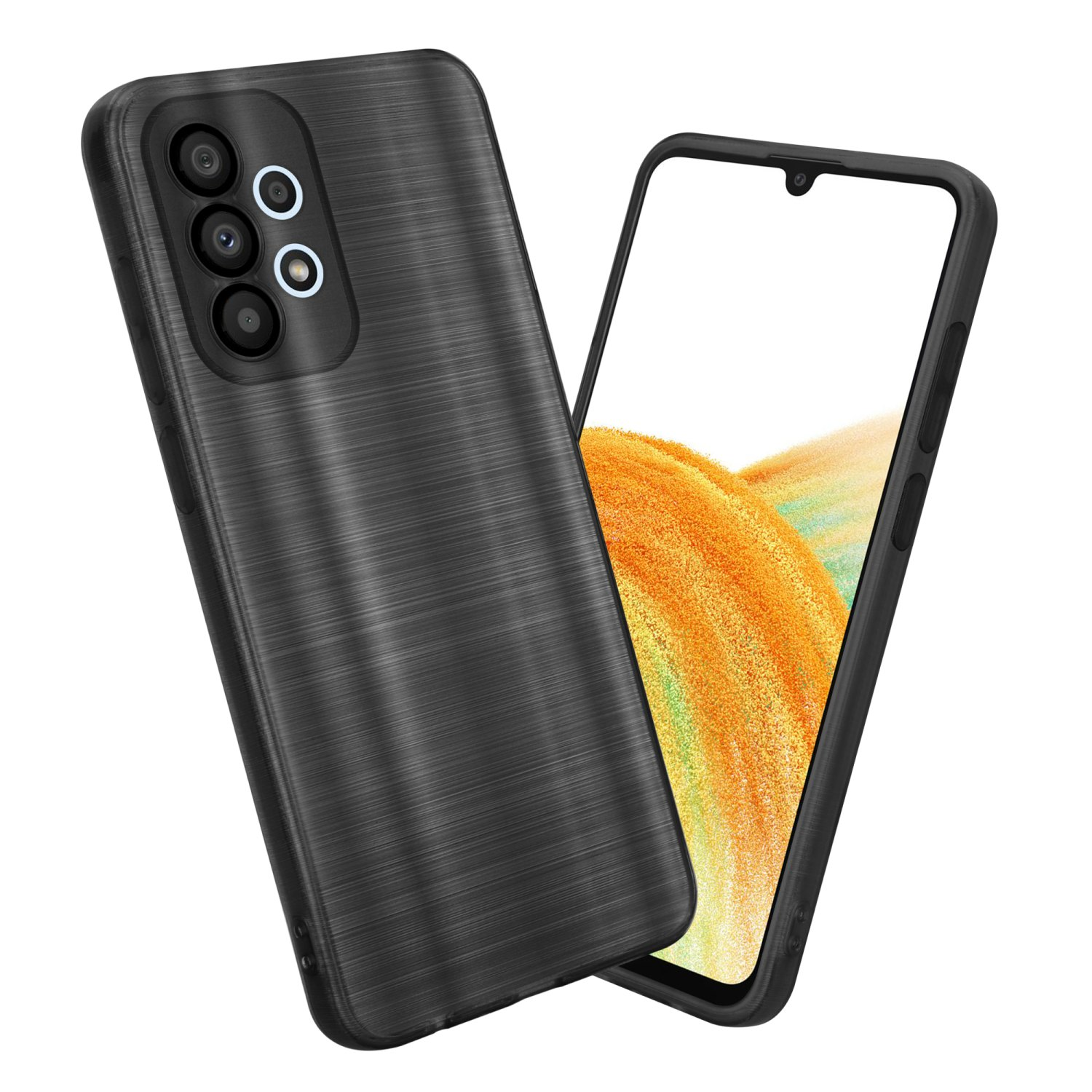 Schwarze Handyhülle und Telefon mit gebürsteter Metallstruktur.