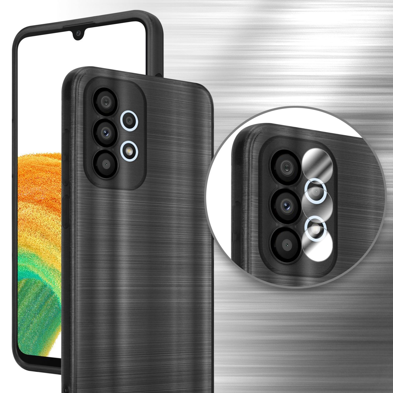 CADORABO Hülle mit Kameraschutz Brushed 5G, Galaxy Samsung, Design, Brushed Backcover, Schwarz A33