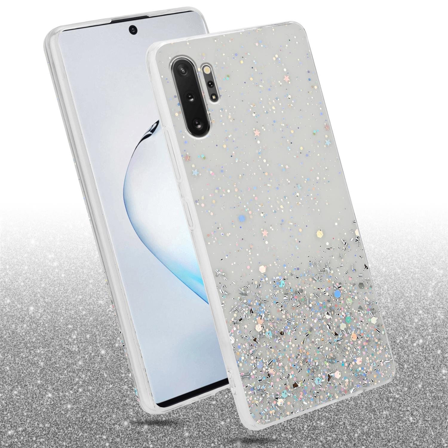 Telefon mit transparenter Glitzerhülle. Die Hülle hat Glitzer und kleine Sterne auf der Rückseite.