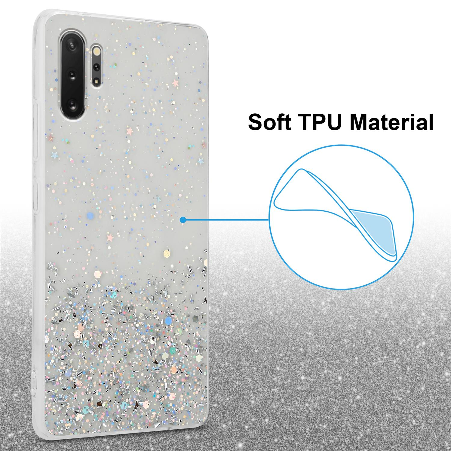 Weiße Handyhülle mit Glitzerdesign. Klarer Gehäuserand. Text lautet "Soft TPU Material".