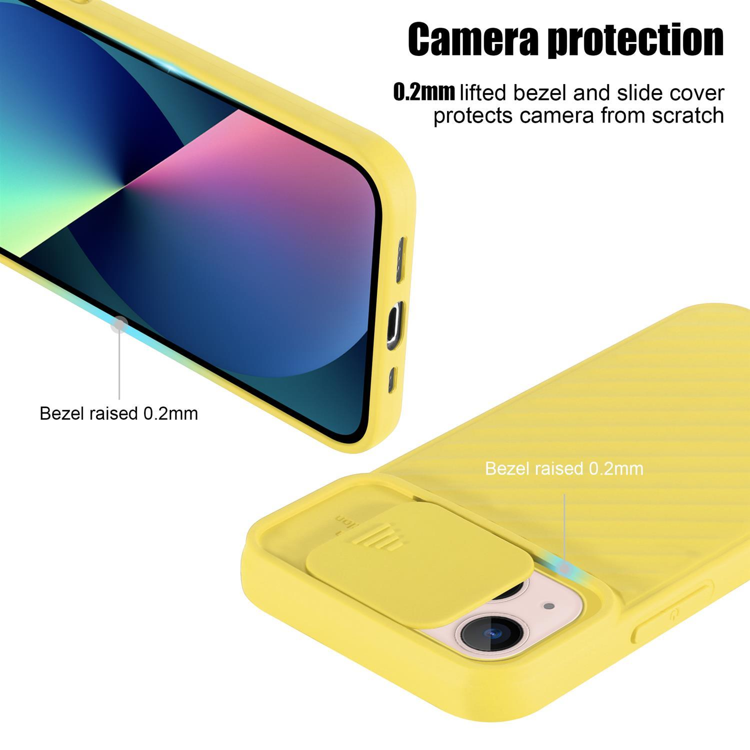 Primer plano de una funda amarilla con funciones de protección de cámara. Texto y diagrama presentes.