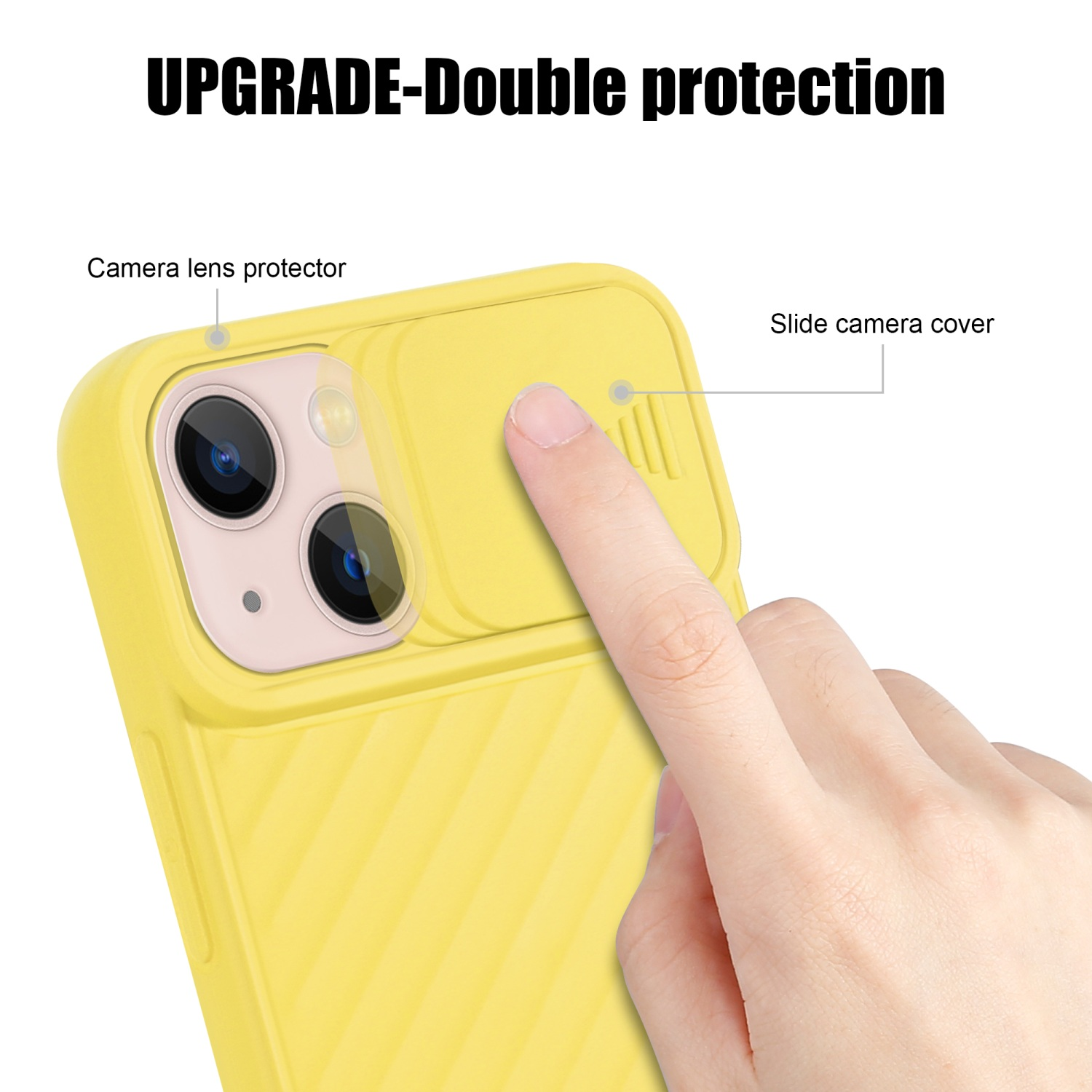 Funda amarilla con protector de lente de cámara y cubierta deslizante.