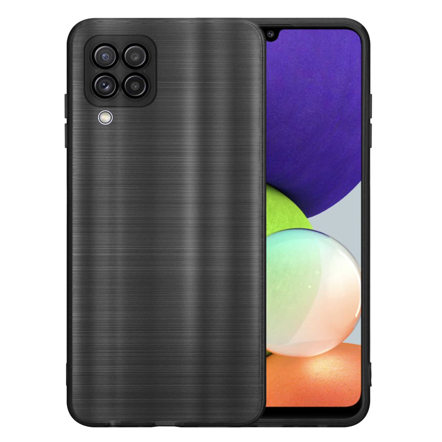 Schwarze Handyhülle mit strukturiertem Design. Das Telefon hat mehrere Kameras.