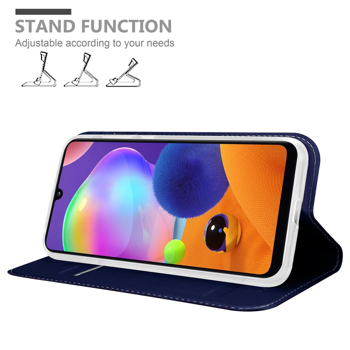 Telefon in einer marineblauen Brieftaschentasche mit farbenfrohem Bildschirm und Ständerfunktionsillustrationen darüber.