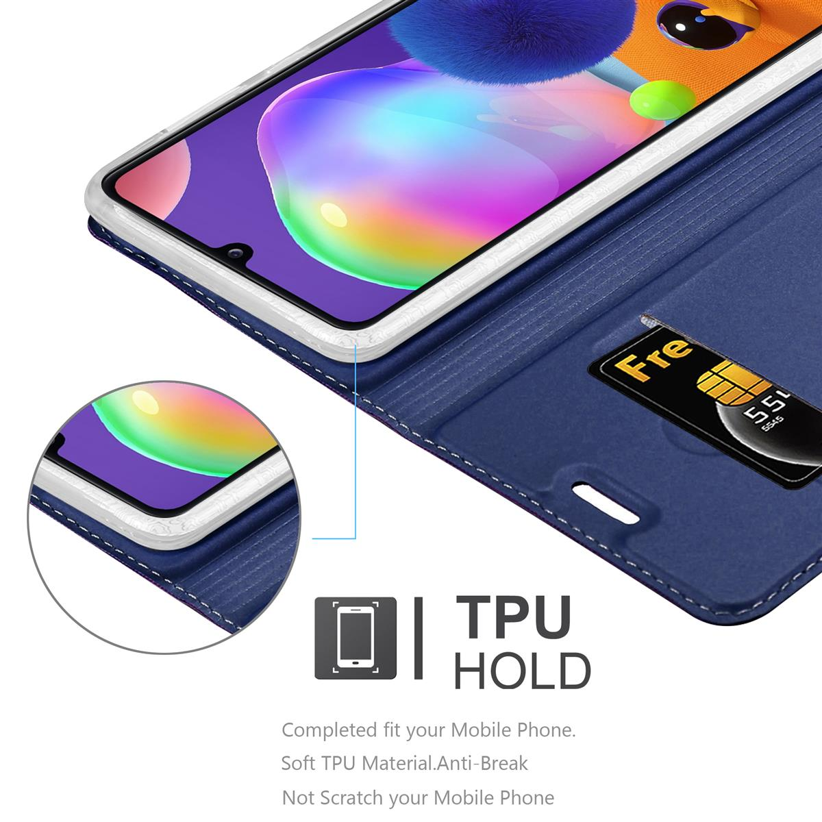Blaue Handyhülle mit Telefon, Karte und kleiner Vergrößerung des Telefons.