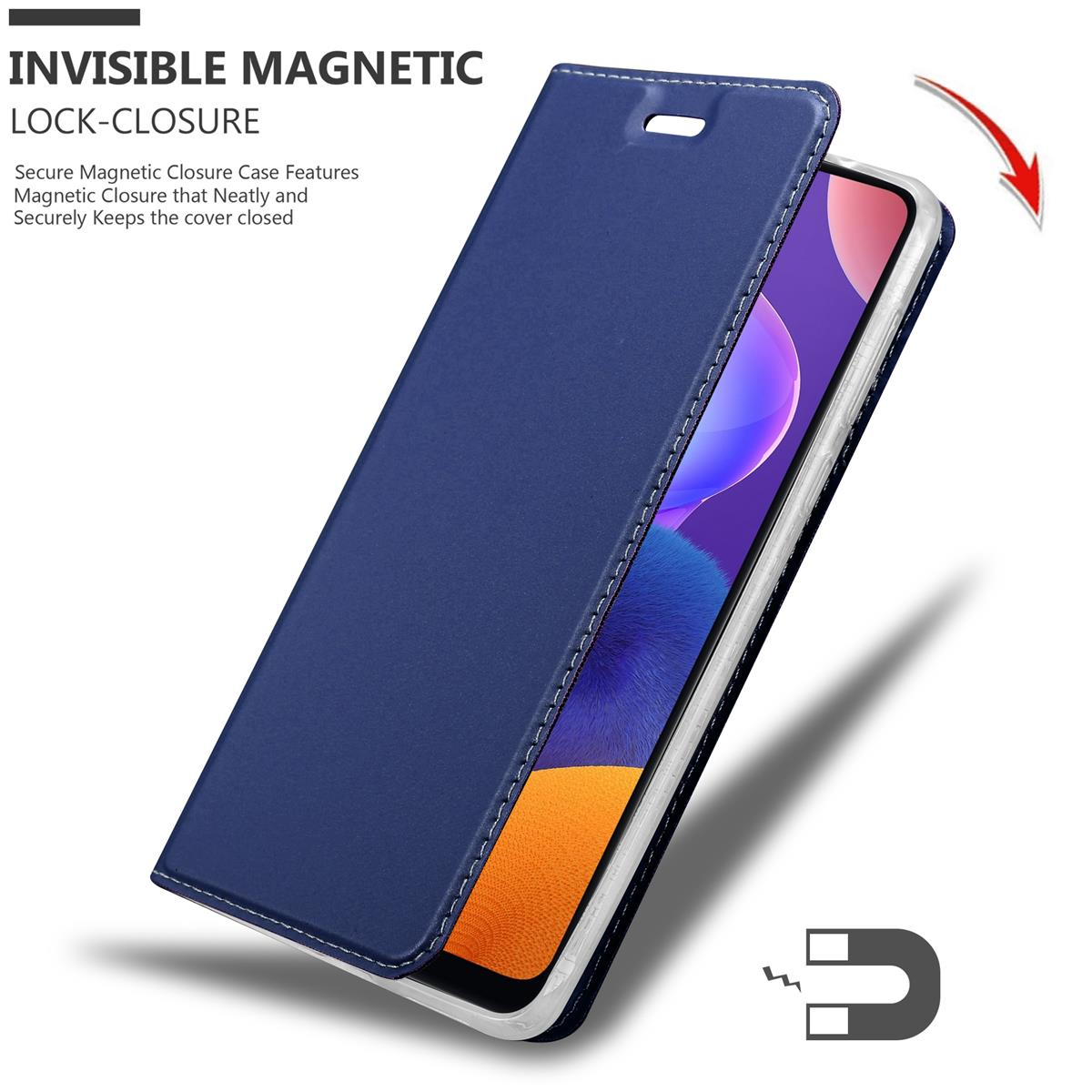 Blaue Handyhülle mit Magnetverschluss. Die Hülle ist geöffnet und zeigt das Telefon im Inneren.