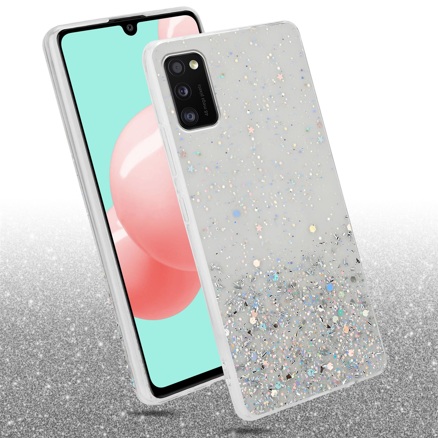Ein Telefon mit durchsichtiger Hülle, bedeckt mit Glitzer, vor glitzerndem Hintergrund.