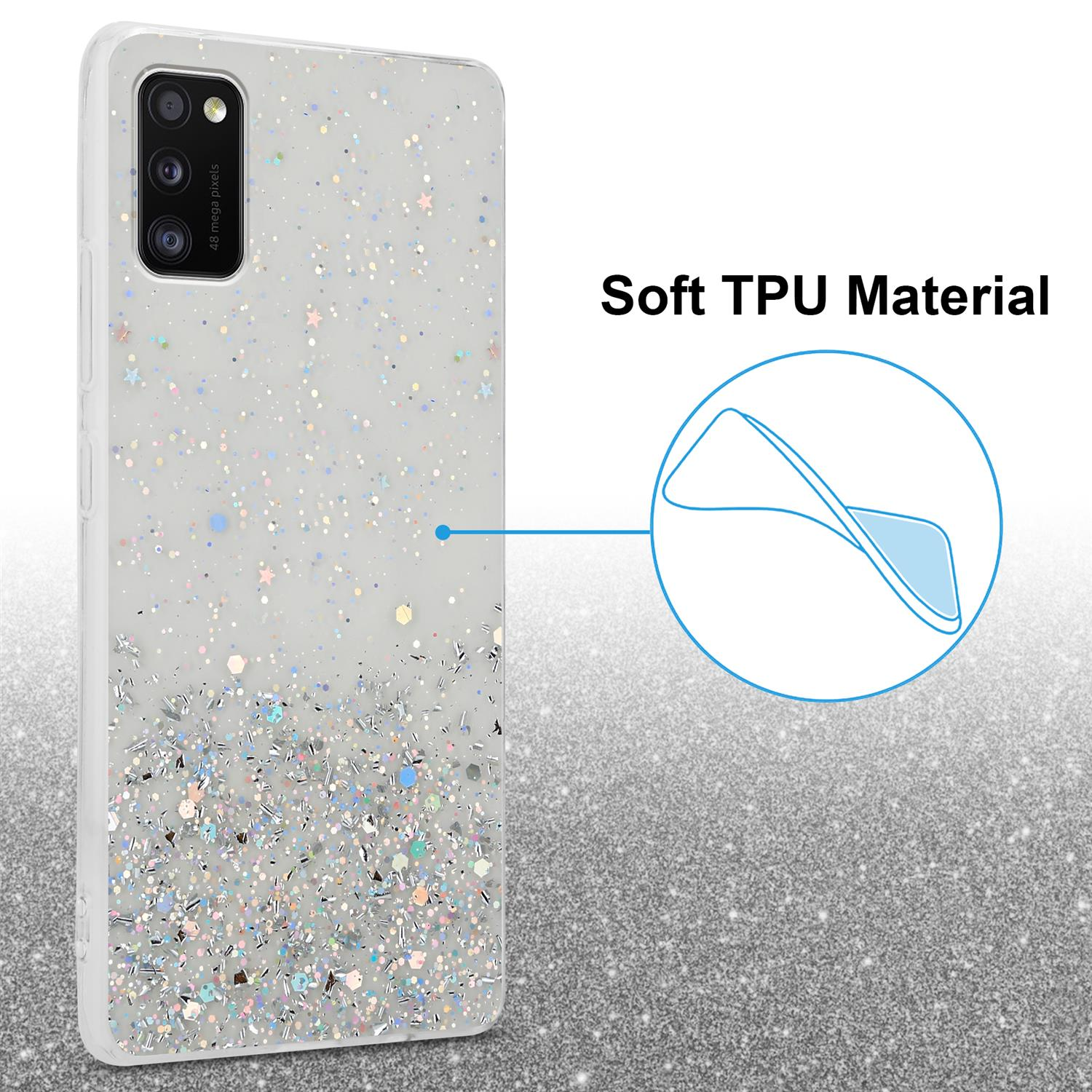 Eine transparente Handyhülle mit Glitzer. Der Text 'Soft TPU Material' erscheint rechts. Glitzerhintergrund.