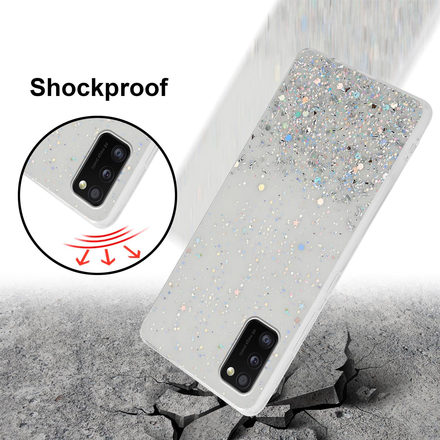 Handyhülle mit Glitzer auf zerbrochener Oberfläche. Text: Stoßfest.