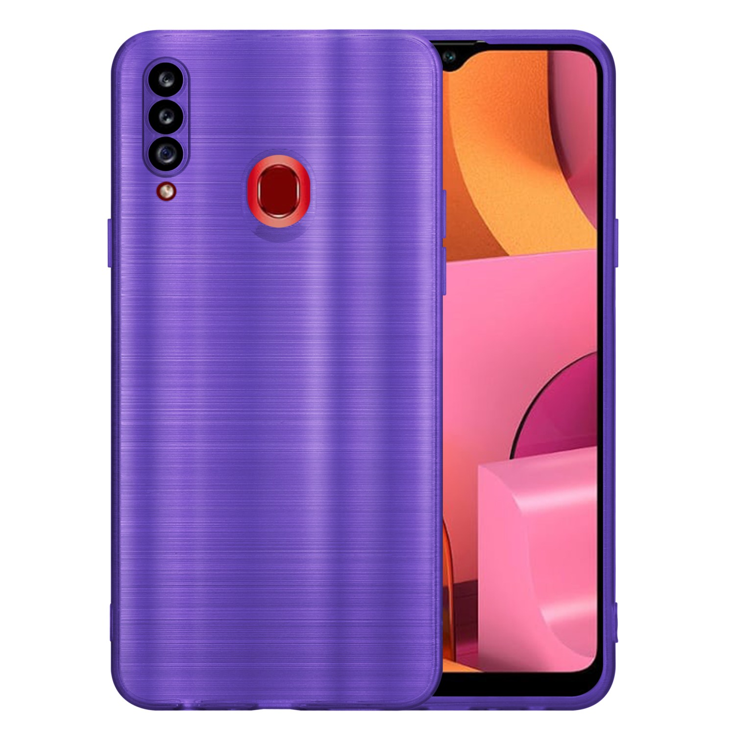 Custodia per telefono viola con retro strutturato. Un telefono è mostrato all'interno. Sfondo bianco. La custodia è angolata.