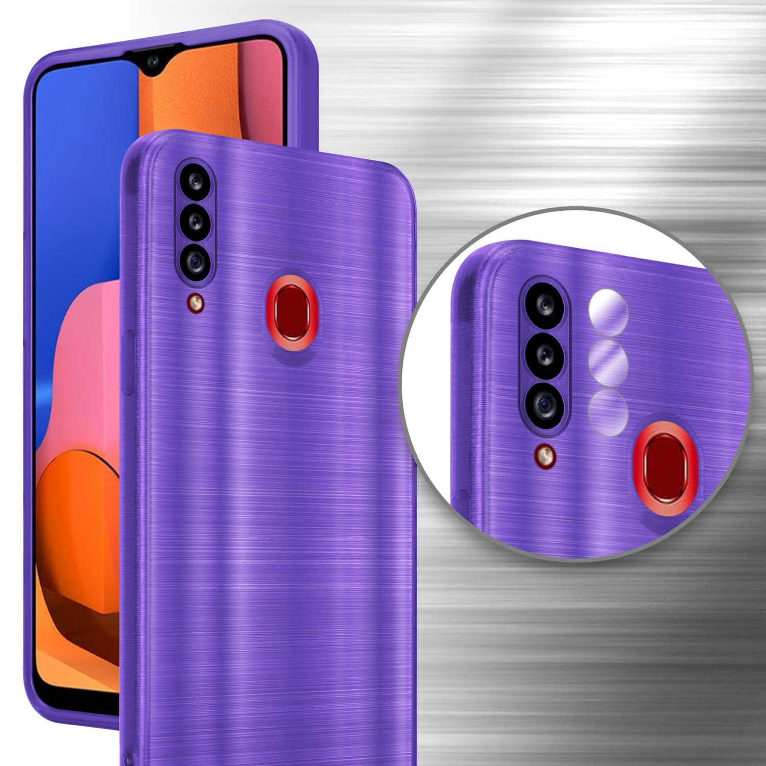 Custodia viola per telefono. Il retro mostra la custodia con tre fotocamere e un cerchio.