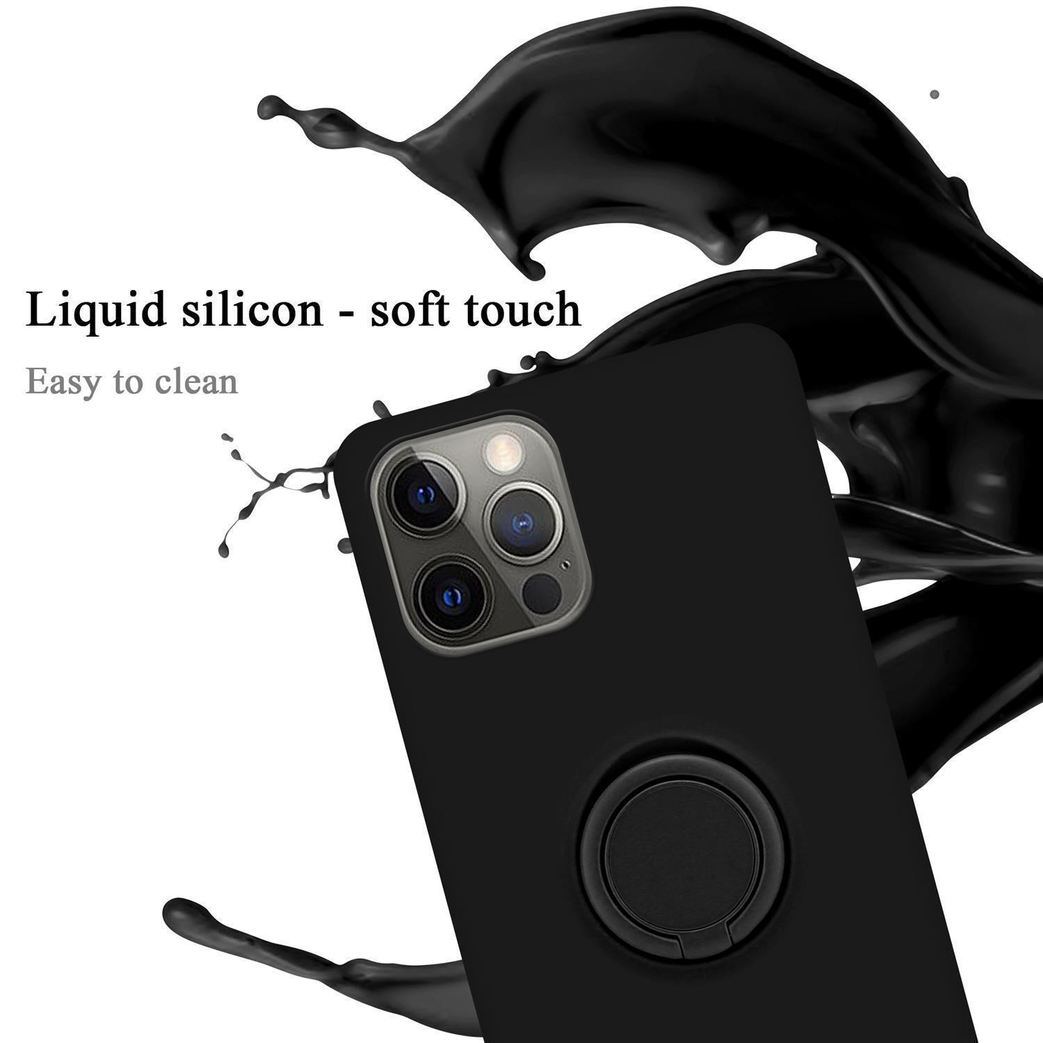 Eine schwarze Handyhülle mit einem Ring wird mit einem schwarzen Flüssigkeitsspritzer gezeigt. Der Text lautet: 'Flüssiges Silikon - Soft Touch'.