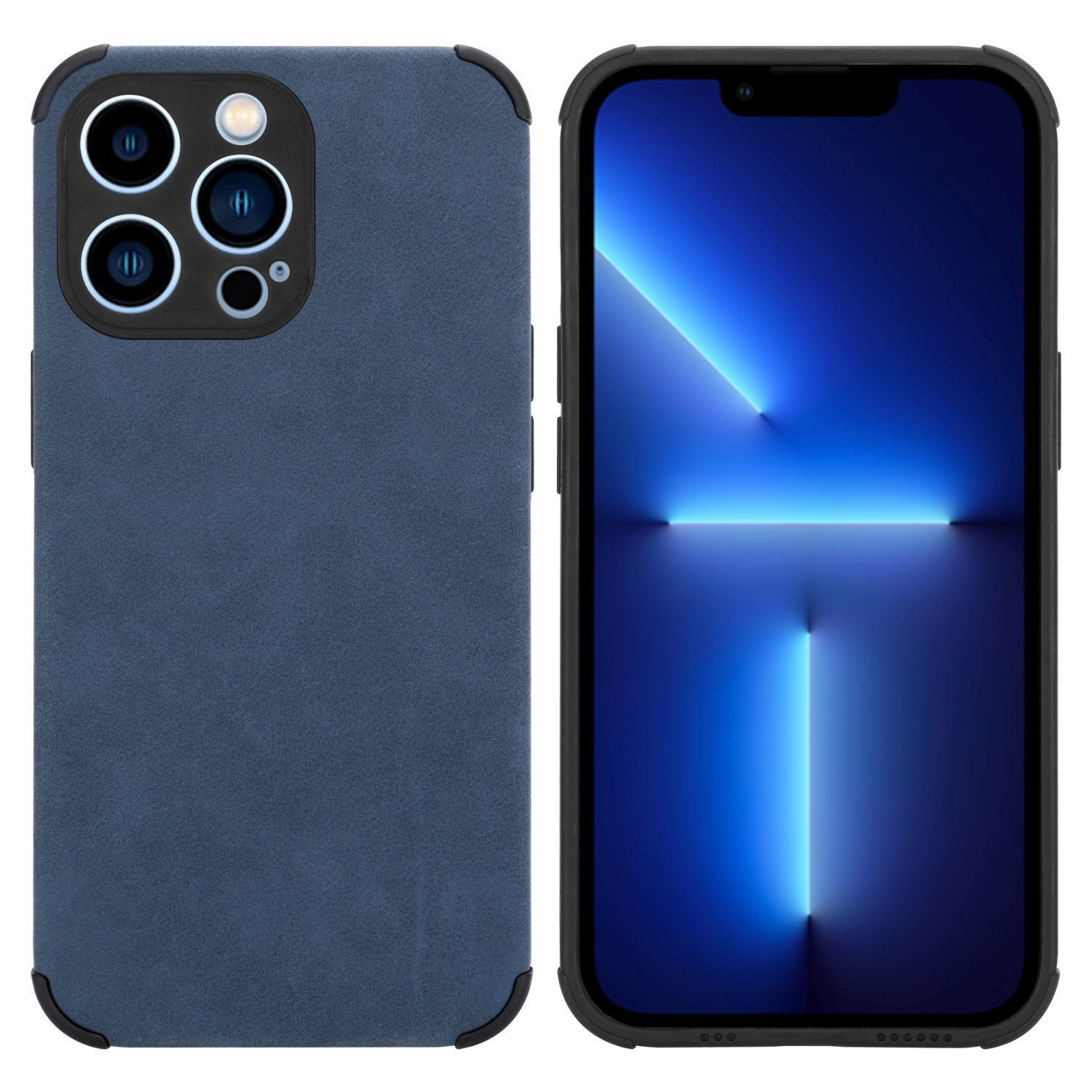 Blaue Handyhülle auf Weiß. Telefonrückseite mit Kamera. Schwarzer Rahmen.