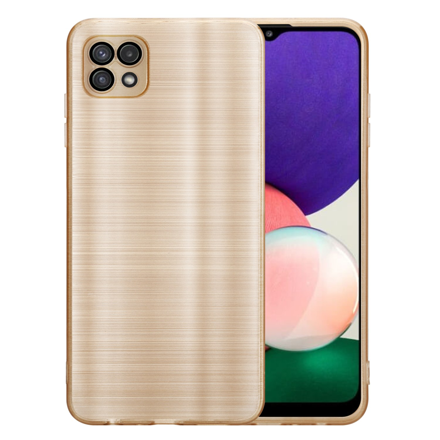 Goldene Handyhülle mit Telefonanzeige. Weißer Hintergrund.