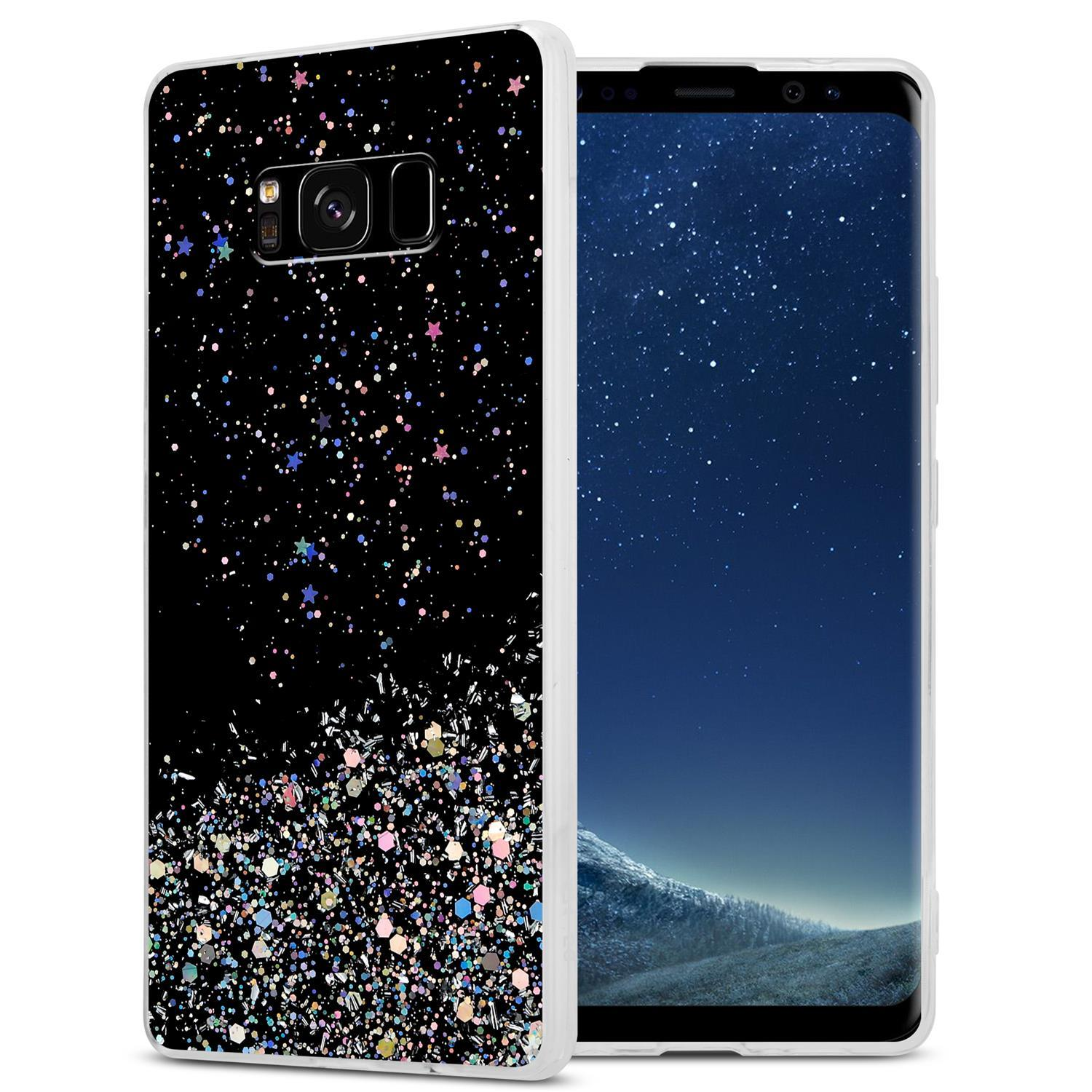 Schwarze Handyhülle mit Glitzereffekt. Telefonbildschirm rechts.