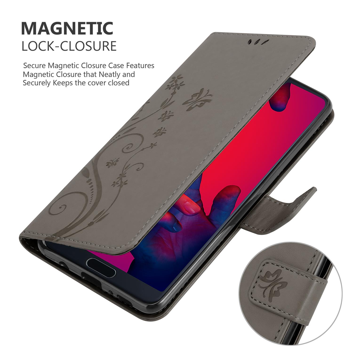 Graue Handyhülle mit Blumendesign, geöffnet. Telefonbildschirm zeigt Rot.