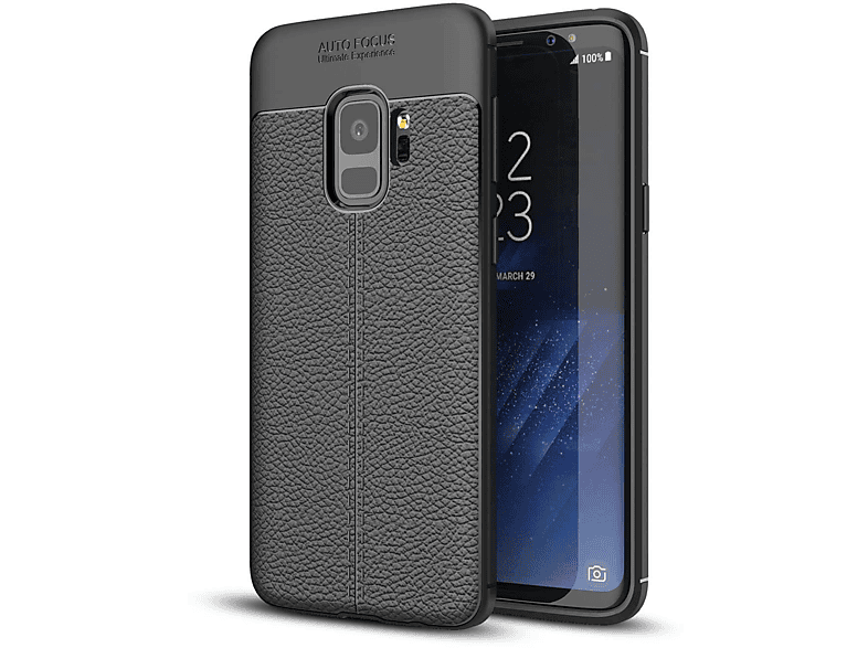 S9, edler Backcover, CADORABO Tief Schwarz Hülle Galaxy Samsung, mit Kunstleder-Applikation, TPU Silikon
