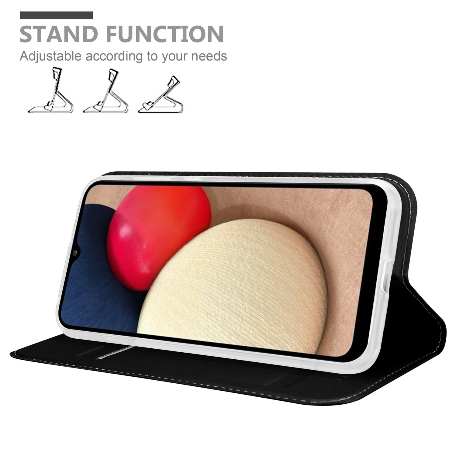 Schwarze Handyhülle mit Telefon in Standposition, mit Standfunktionszeichen.