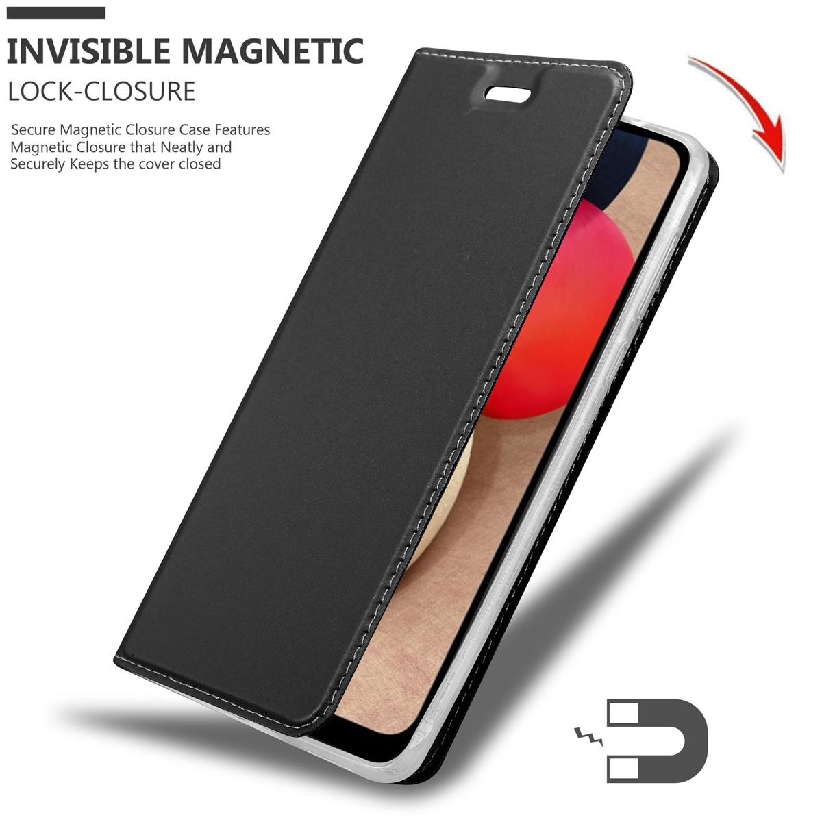 Geöffnete schwarze Handyhülle mit Magnetverschluss und rotem Pfeil.