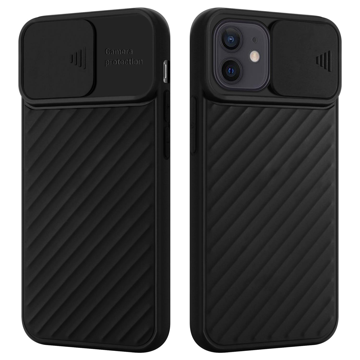 Schwarze Handyhülle mit Kameraabdeckung und Telefon. Die Hülle hat ein diagonales Muster.
