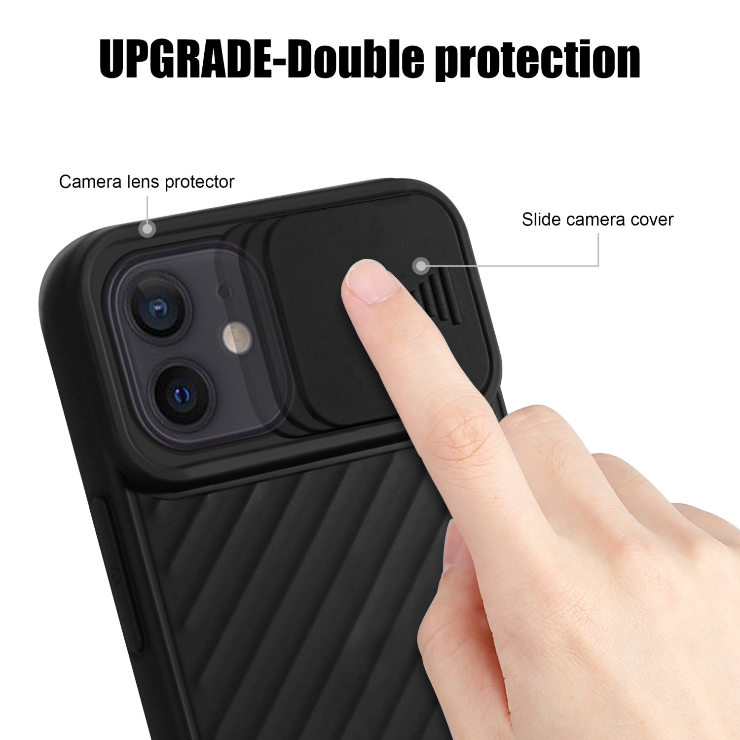 Schwarze Handyhülle mit Kameraabdeckung, die von einem Finger verschoben wird.