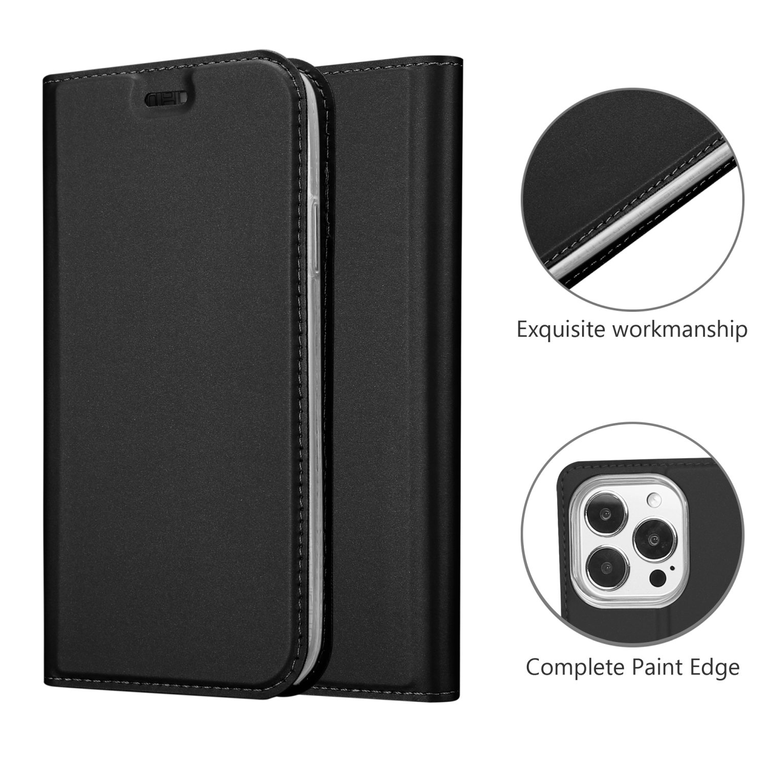 Coque de téléphone noire, style portefeuille. Coutures blanches. Gros plans mettent en évidence la fabrication et la découpe de l'appareil photo.