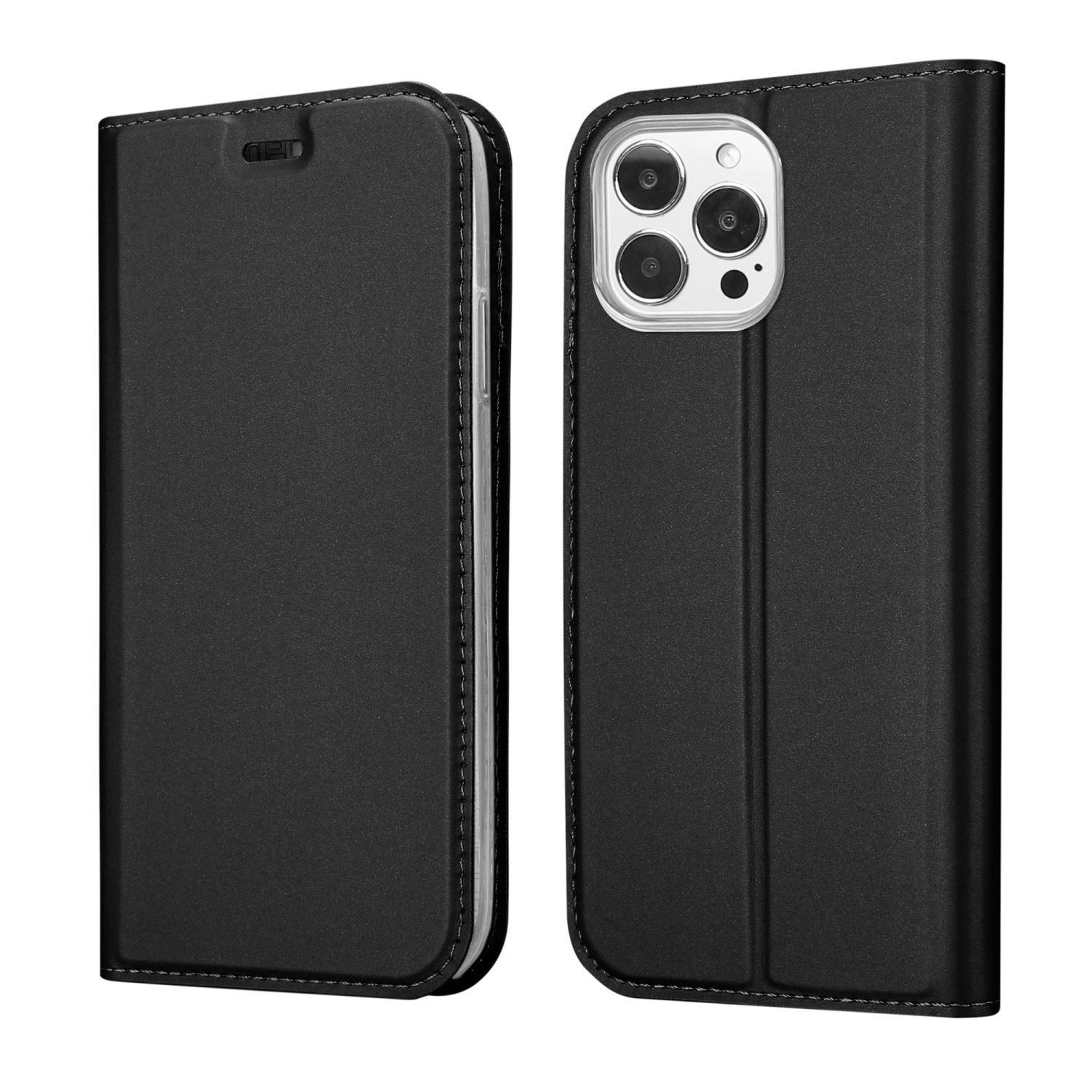 Une coque de téléphone noire, montrant les vues avant et arrière. Elle est fermée.