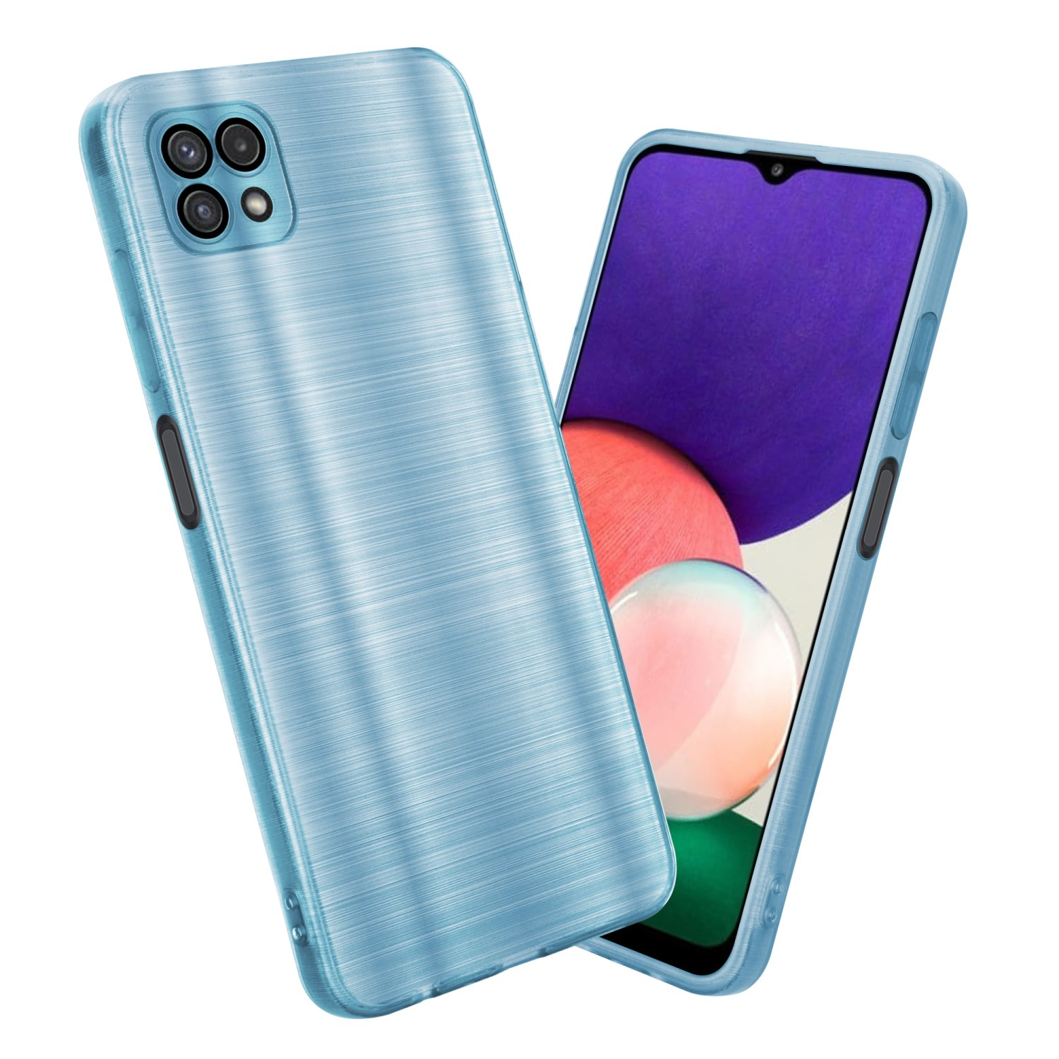 Hellblaue Handyhülle und Telefon. Das Telefon hat ein lila und blaues Display.