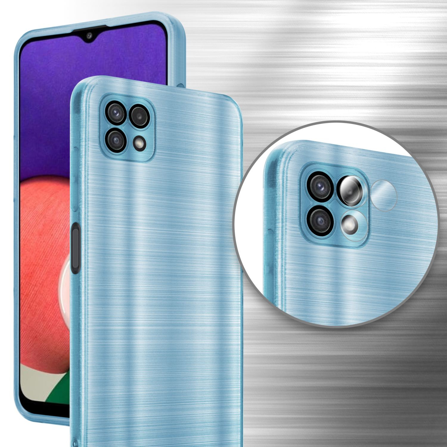 Blaue Handyhülle mit gebürsteter Metallstruktur und ein Telefon mit Bildschirm im Hintergrund.