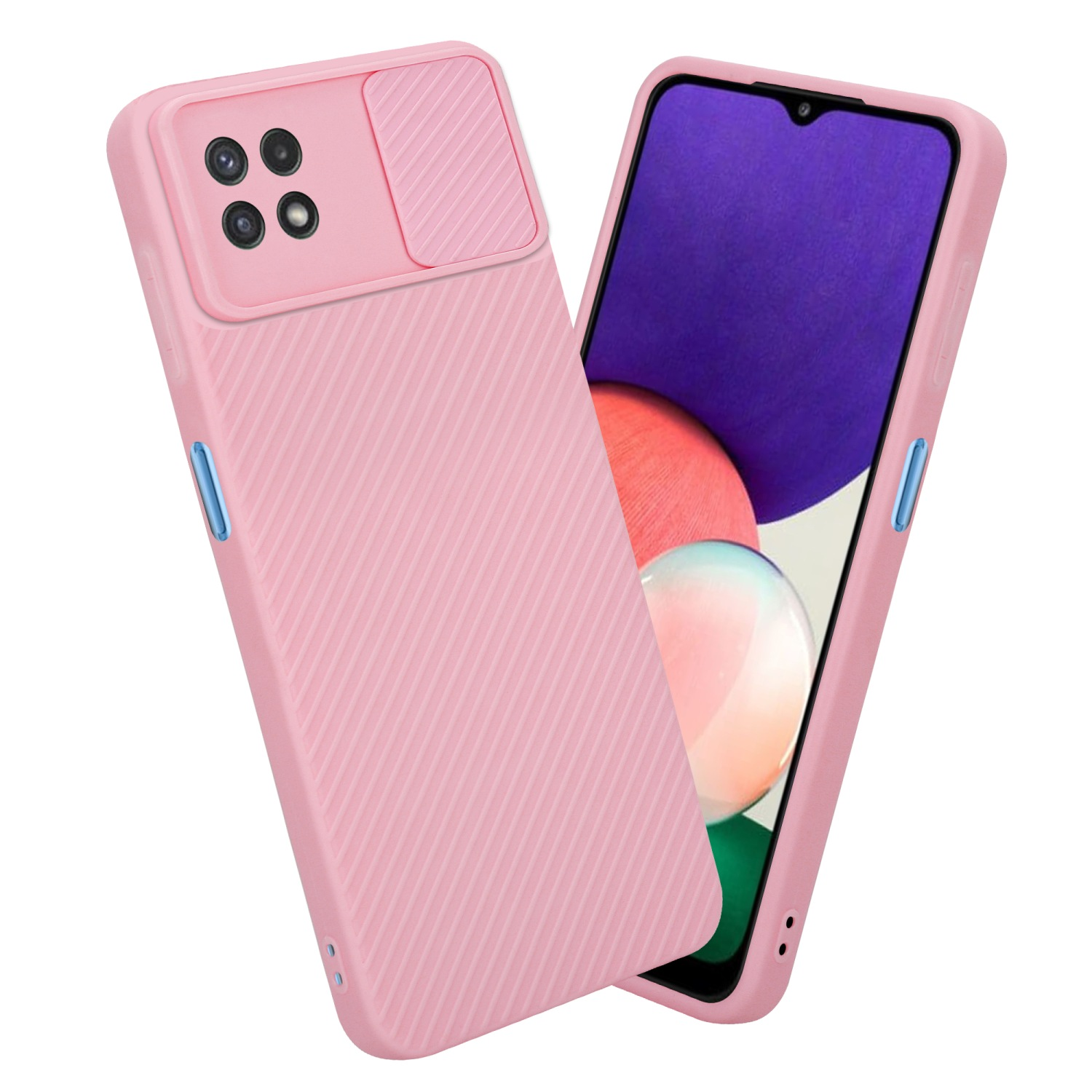 Rosa Handyhülle mit Kameraabdeckung und einem Telefon darin.