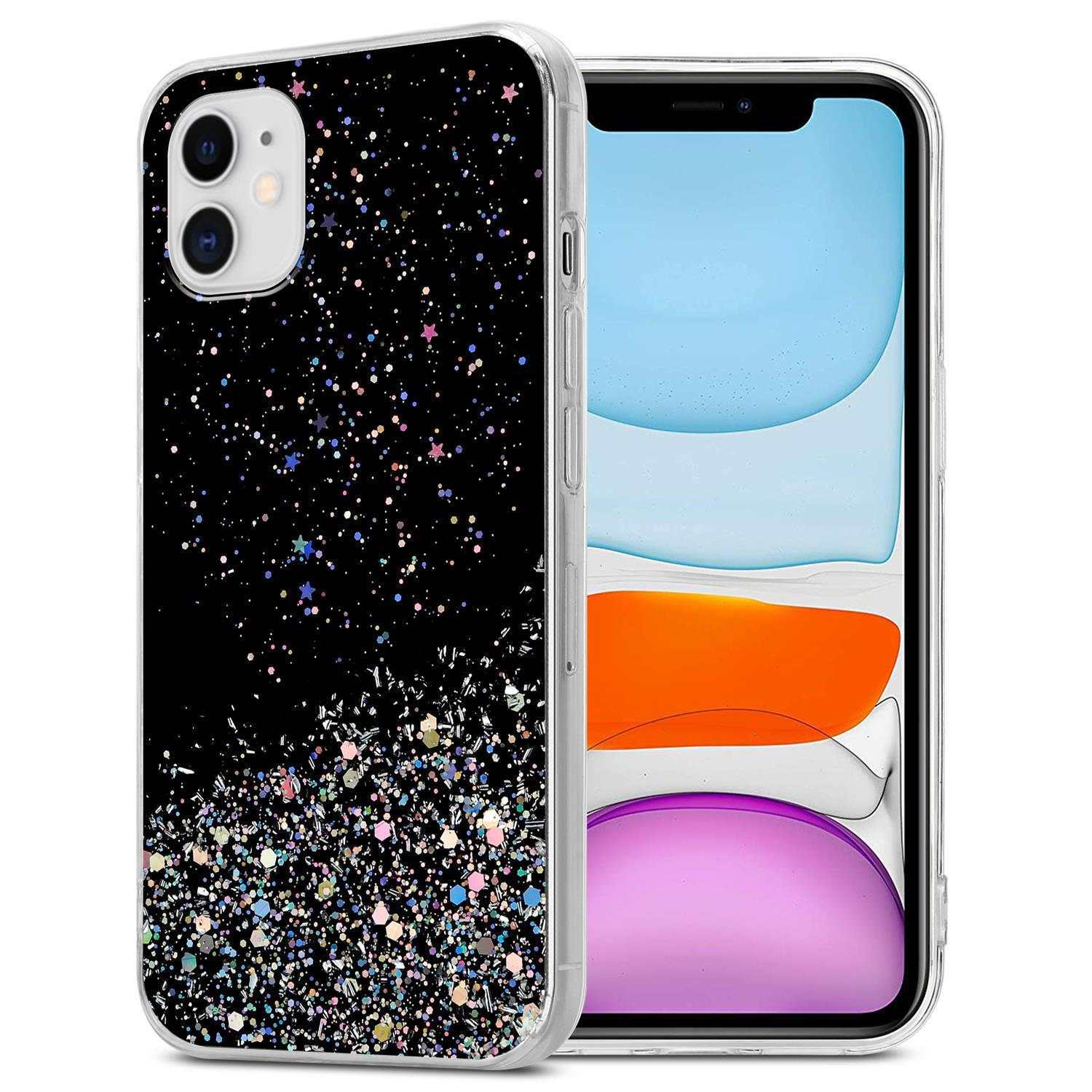 Schwarze Handyhülle mit Glitzer. Telefon zeigt einen Bildschirm mit Sternen und Glitzer.
