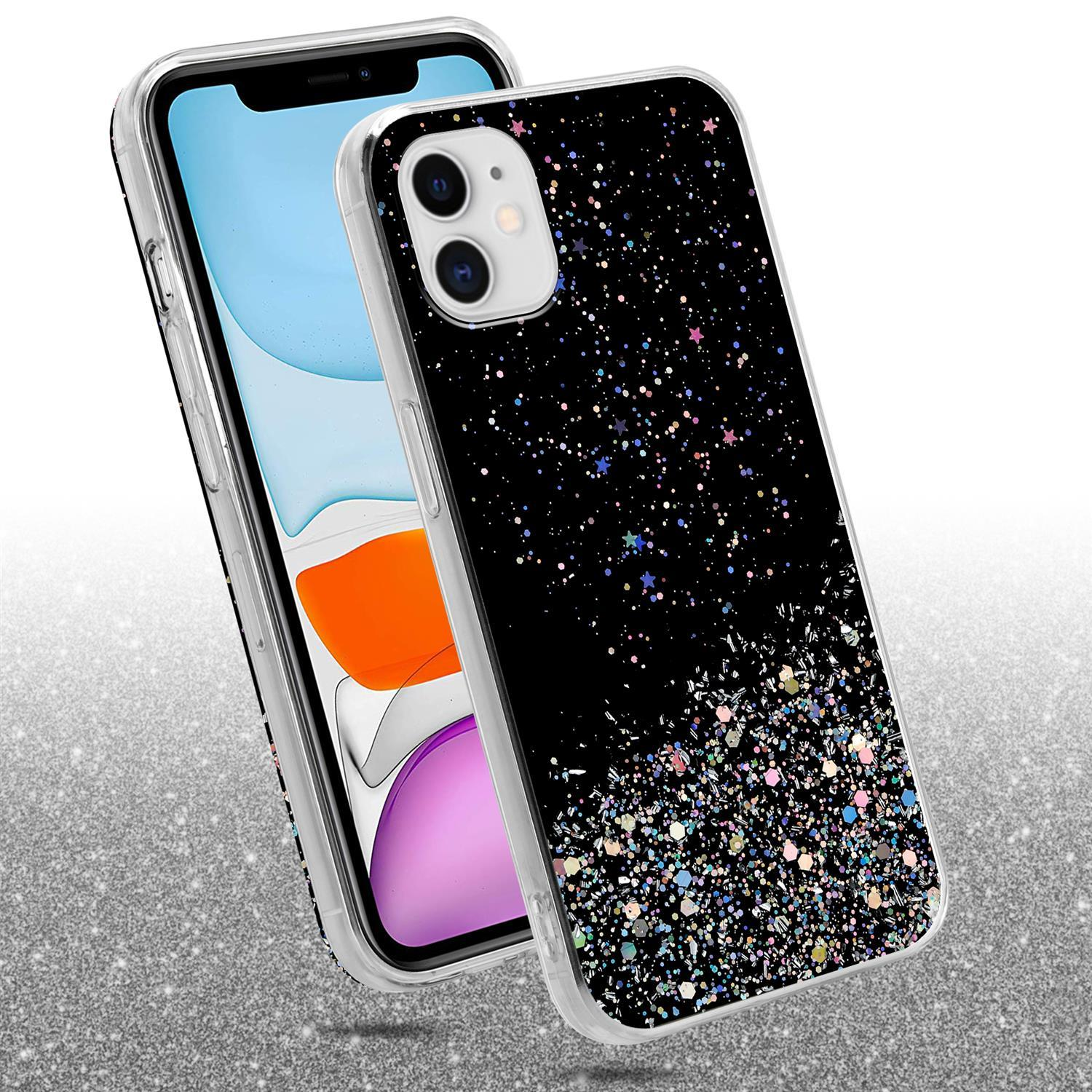 Schwarze Handyhülle mit Glitzer. Ein Telefon ist darin. Glitzer bedeckt die Hülle. Schwarz mit Glitzer.