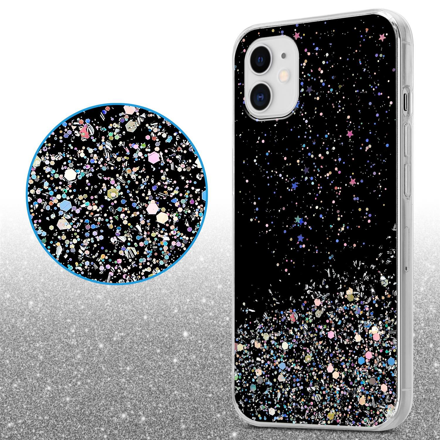 Schwarze Handyhülle mit Glitzer. Eine Nahaufnahme zeigt das Glitzerdetail.