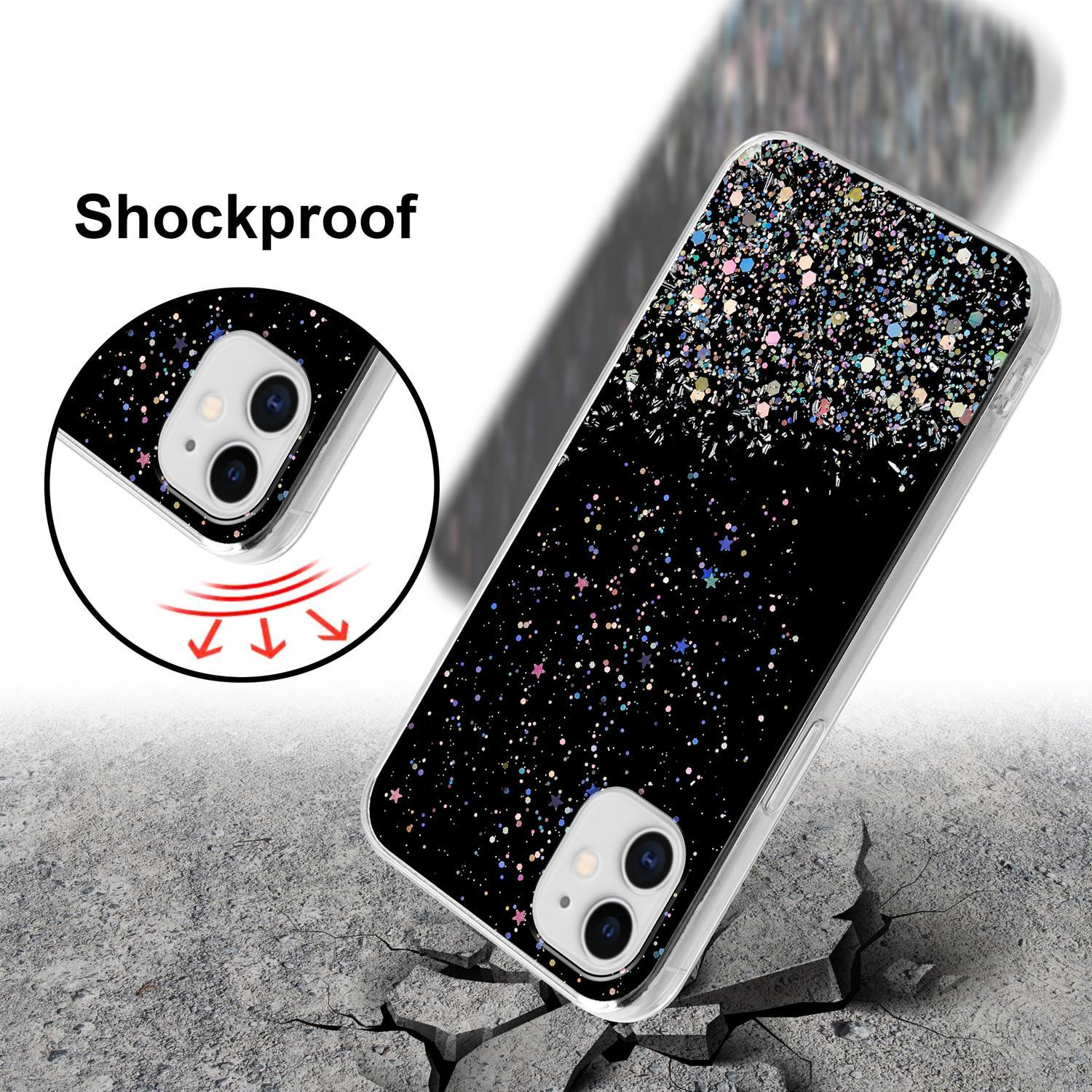 Schwarze Handyhülle mit Glitzer, fallend, rissiger Boden, und stoßfest geschrieben.