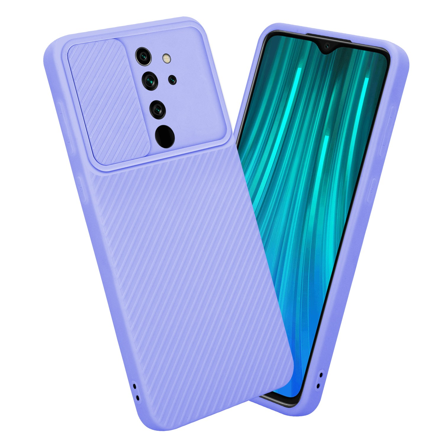 Custodia viola per telefono con cursore della fotocamera. Il telefono è all'interno della custodia. Un altro telefono sullo sfondo.