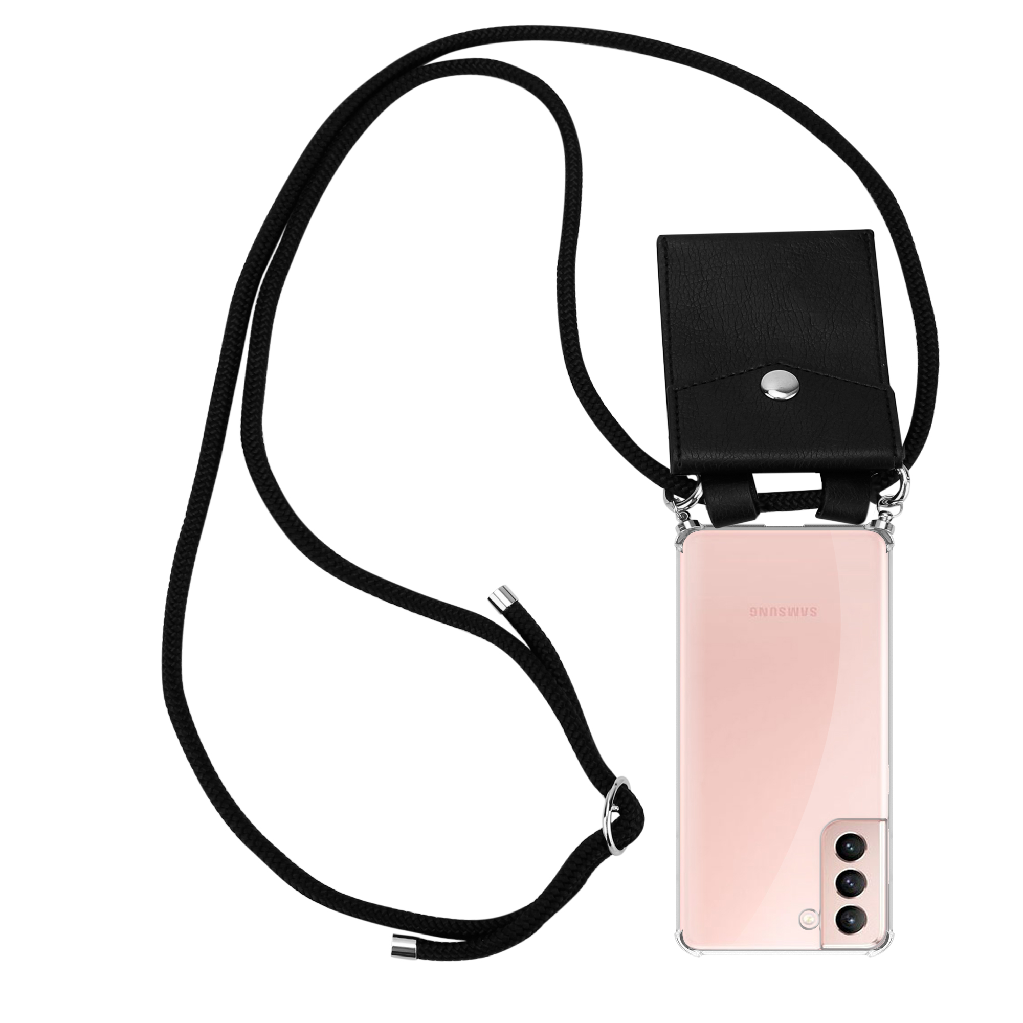 Schwarze Handyhülle mit schwarzem Riemen. Das Telefon ist rosa und hat eine transparente Hülle.