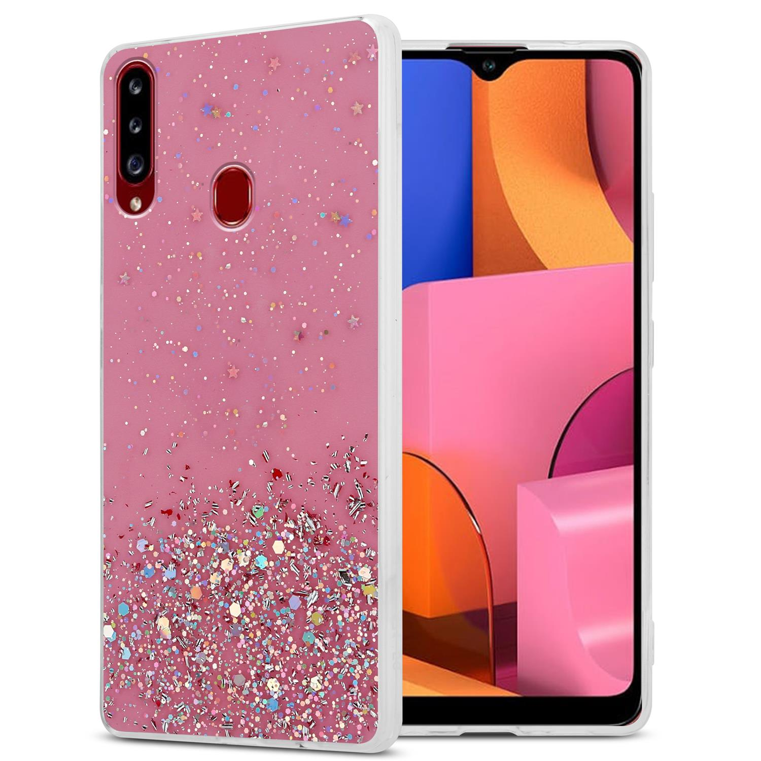 Rosa Handyhülle mit Glitzerdesign. Das Telefon zeigt ein buntes, abstraktes Design. Die Hülle glitzert.
