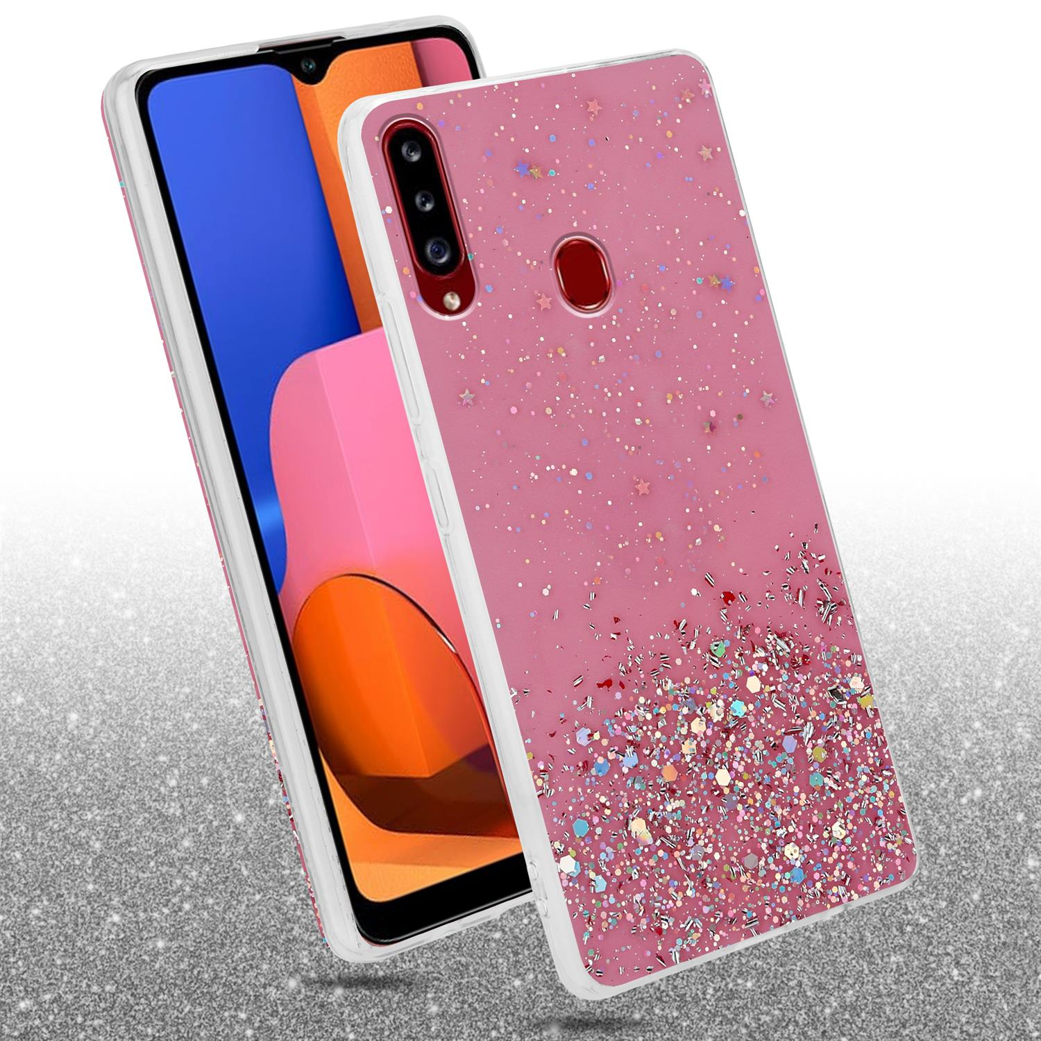 Zwei Handyhüllen, eine rosa mit Glitzer und die andere mit dem Telefon darin. Silberner Glitzer.