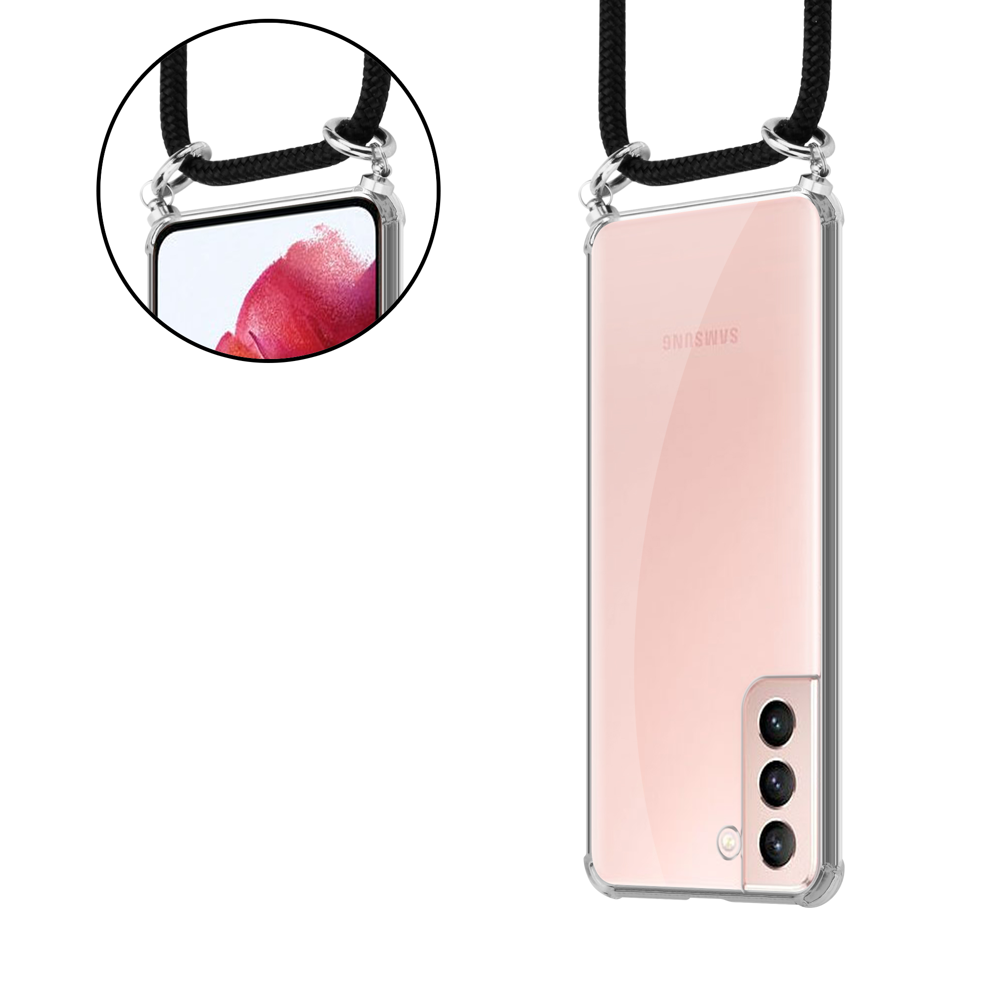 Transparente Handyhülle mit schwarzer Kordel. Das Telefon ist rosa.