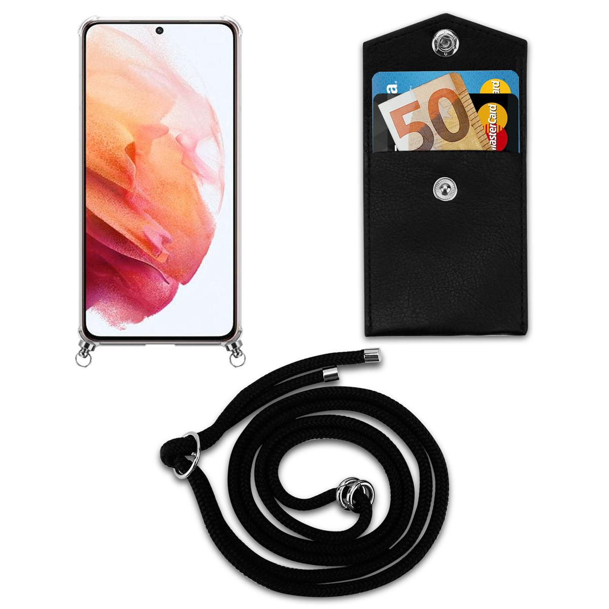 Ein Telefon mit schwarzem Riemen und eine schwarze Geldbörse. Die Geldbörse ist offen und zeigt eine Karte und einen 50-Euro-Schein.