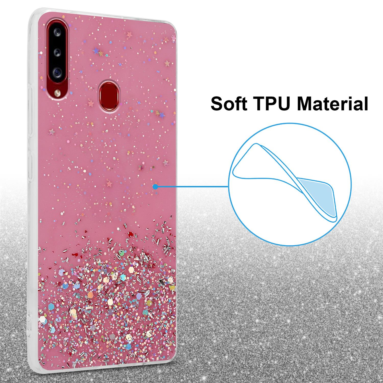 Rosa Handyhülle mit Glitzer. Text 'Soft TPU Material' und hellblaues Diagramm.