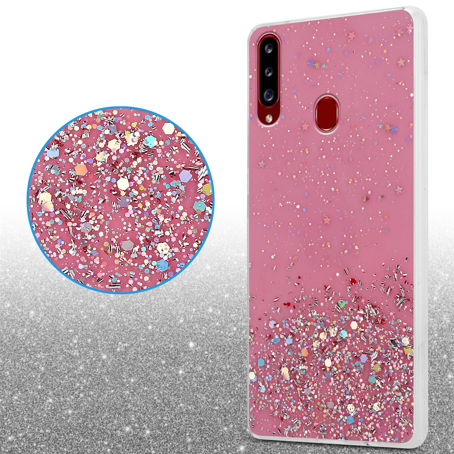 Eine pinkfarbene Handyhülle mit Glitzer und eine kreisförmige Nahaufnahme des Glitzerdesigns.