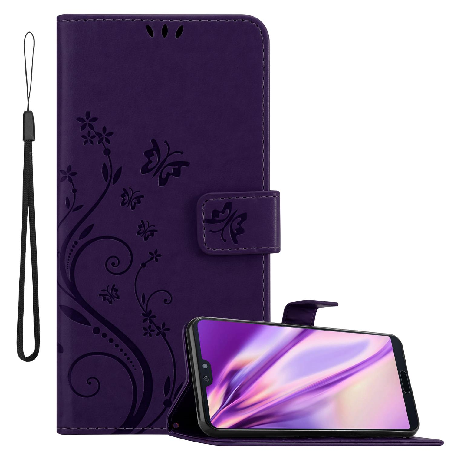 Lila Handyhülle, im Folio-Stil, mit floralen Details. Telefon zeigt ein Design.