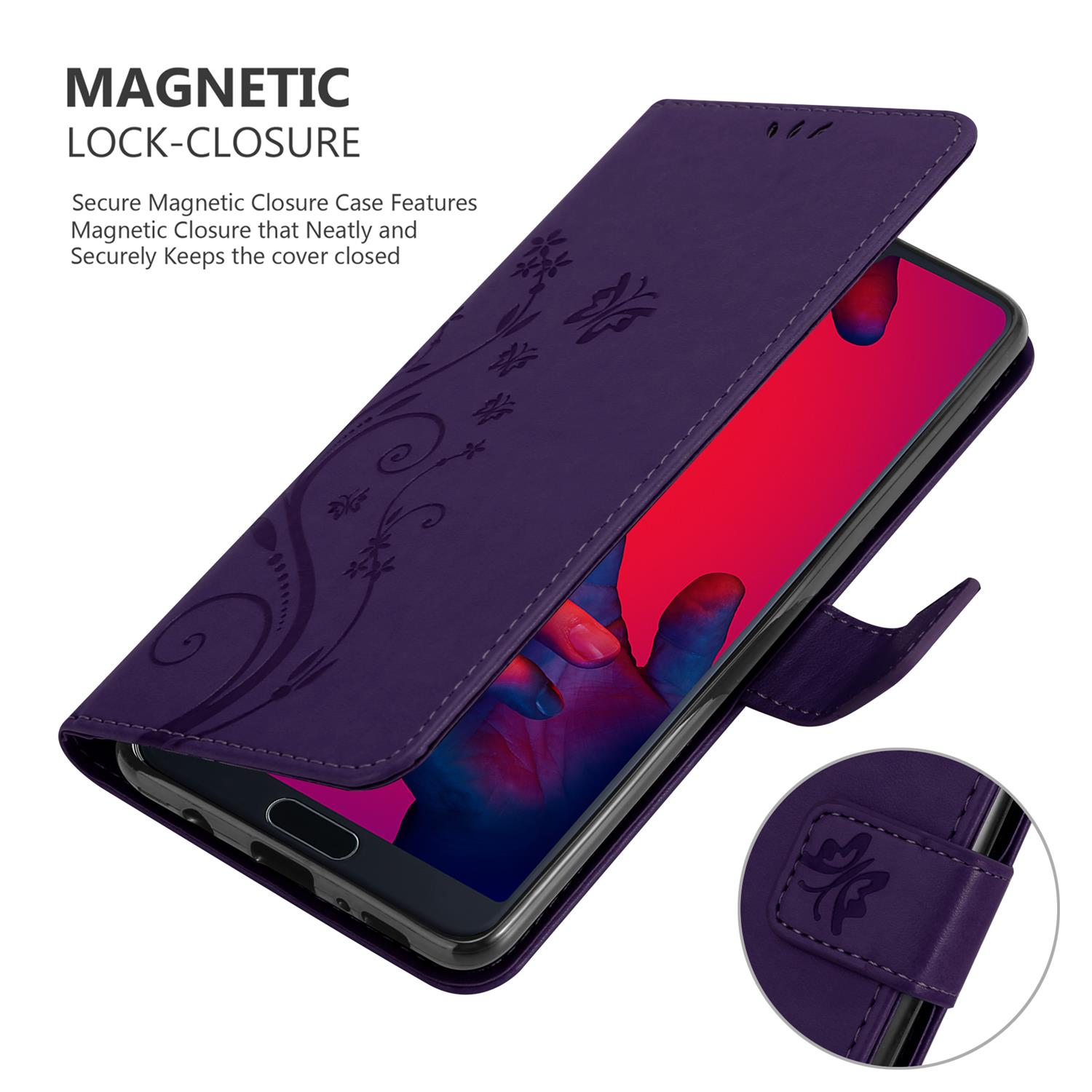 Lila Handyhülle mit Blumendesign, auf einem Telefonbildschirm geöffnet. Mit Magnetverschluss.