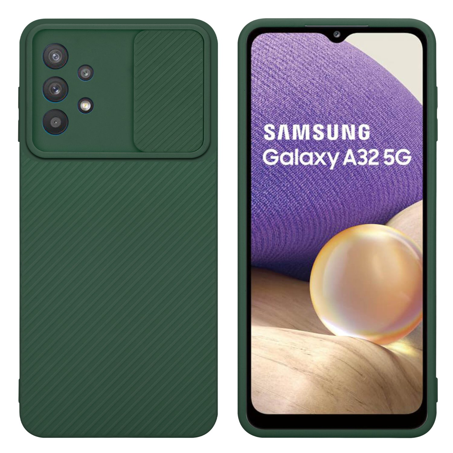 Grüne Handyhülle mit Kameraabdeckung. Das Telefon zeigt das Samsung Galaxy A32 5G Logo. Die Hülle ist grün.