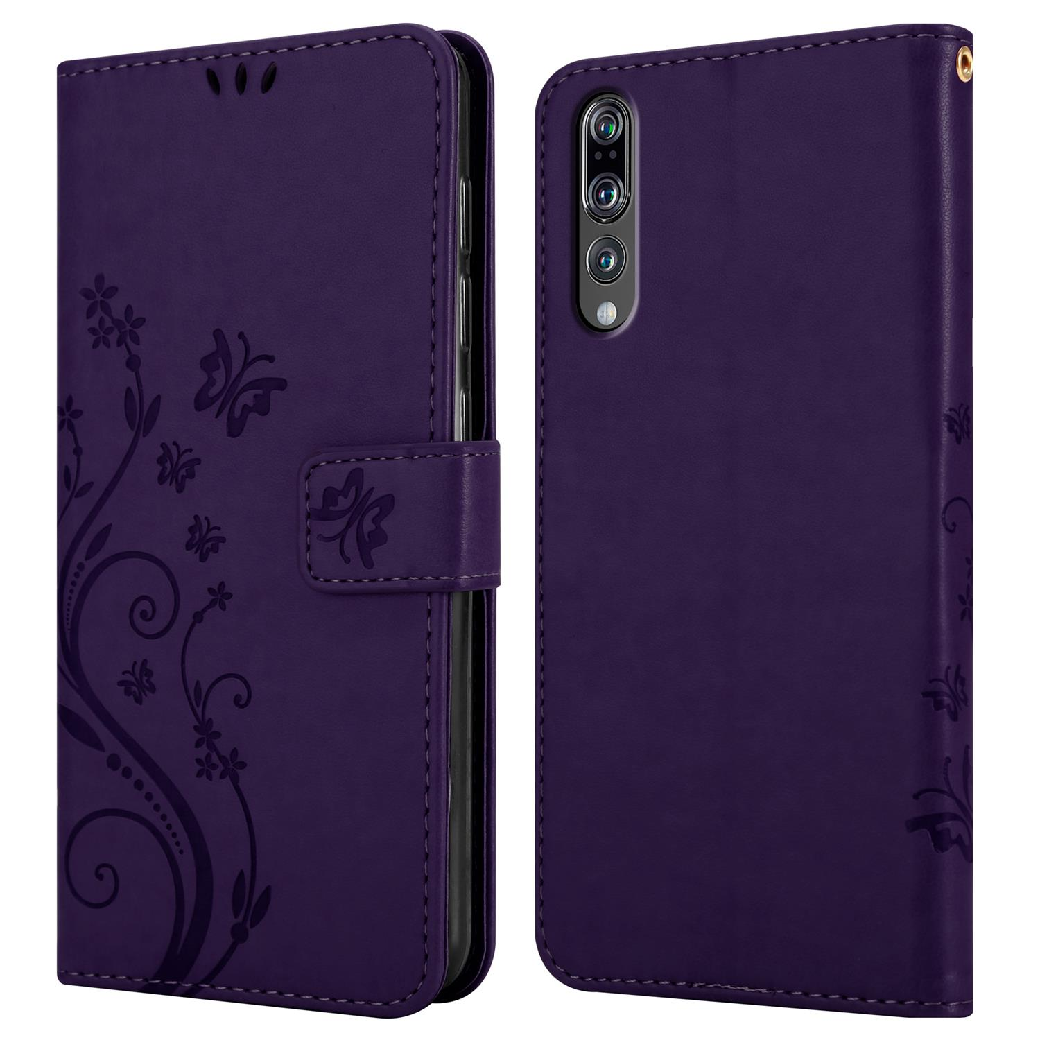 Lila Leder-Handyhülle mit Blumen- und Schmetterlingsdesign, offen und geschlossen. Seitenansicht.